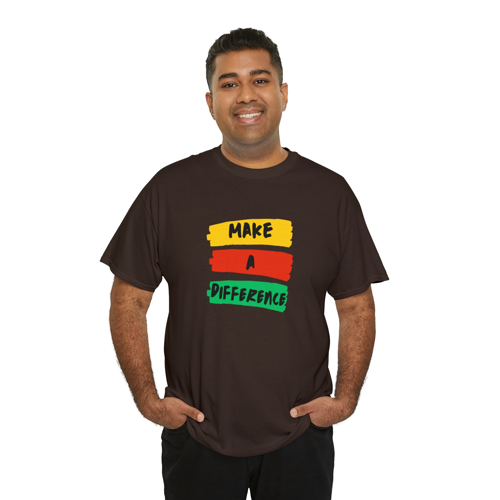 Adult male unisex dark chocolate T-Shirt with " Make A Difference" inspired images.