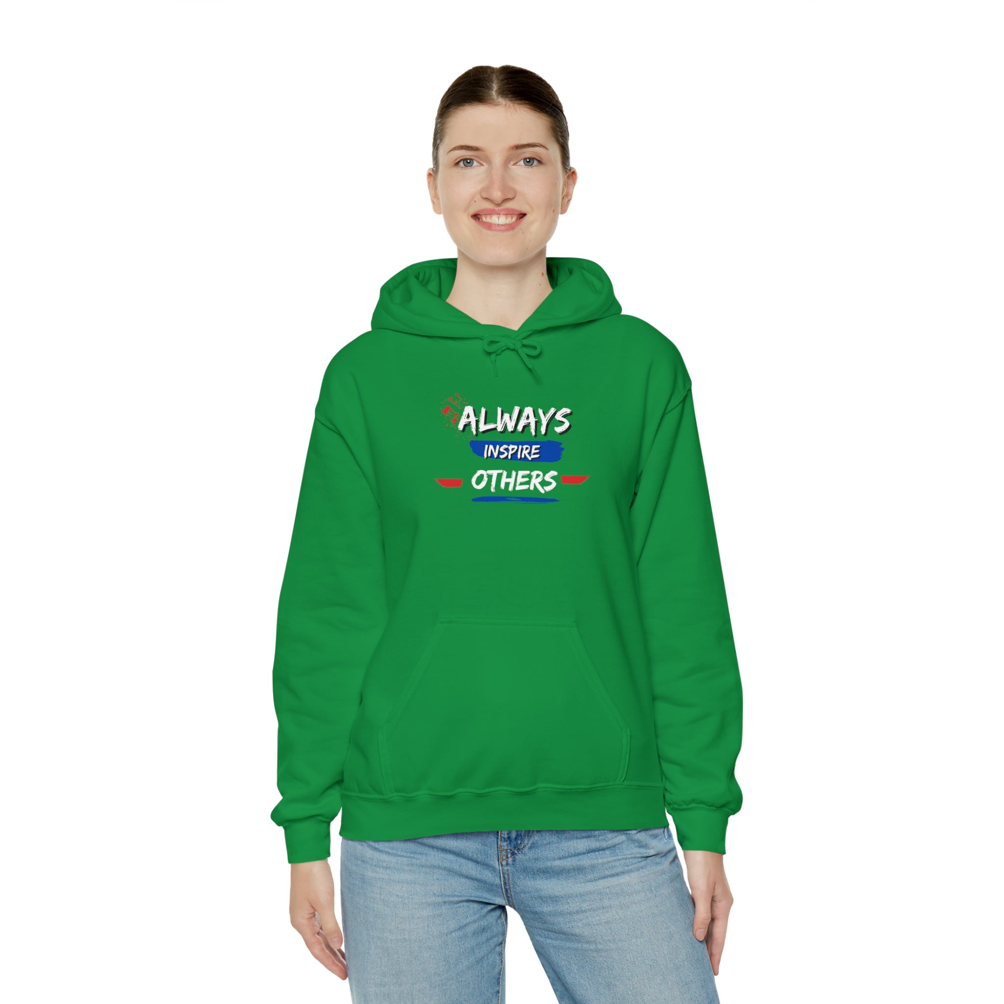 Adult female wearing Irish green hoodie with "Always Inspire Others" image on front.