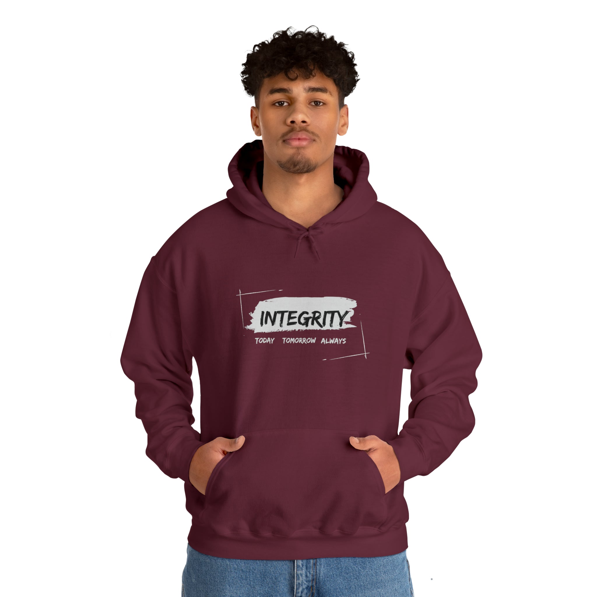 Adult male wearing Unisex maroon hoodie " Integrity Today Tomorrow Always" inspired image.
