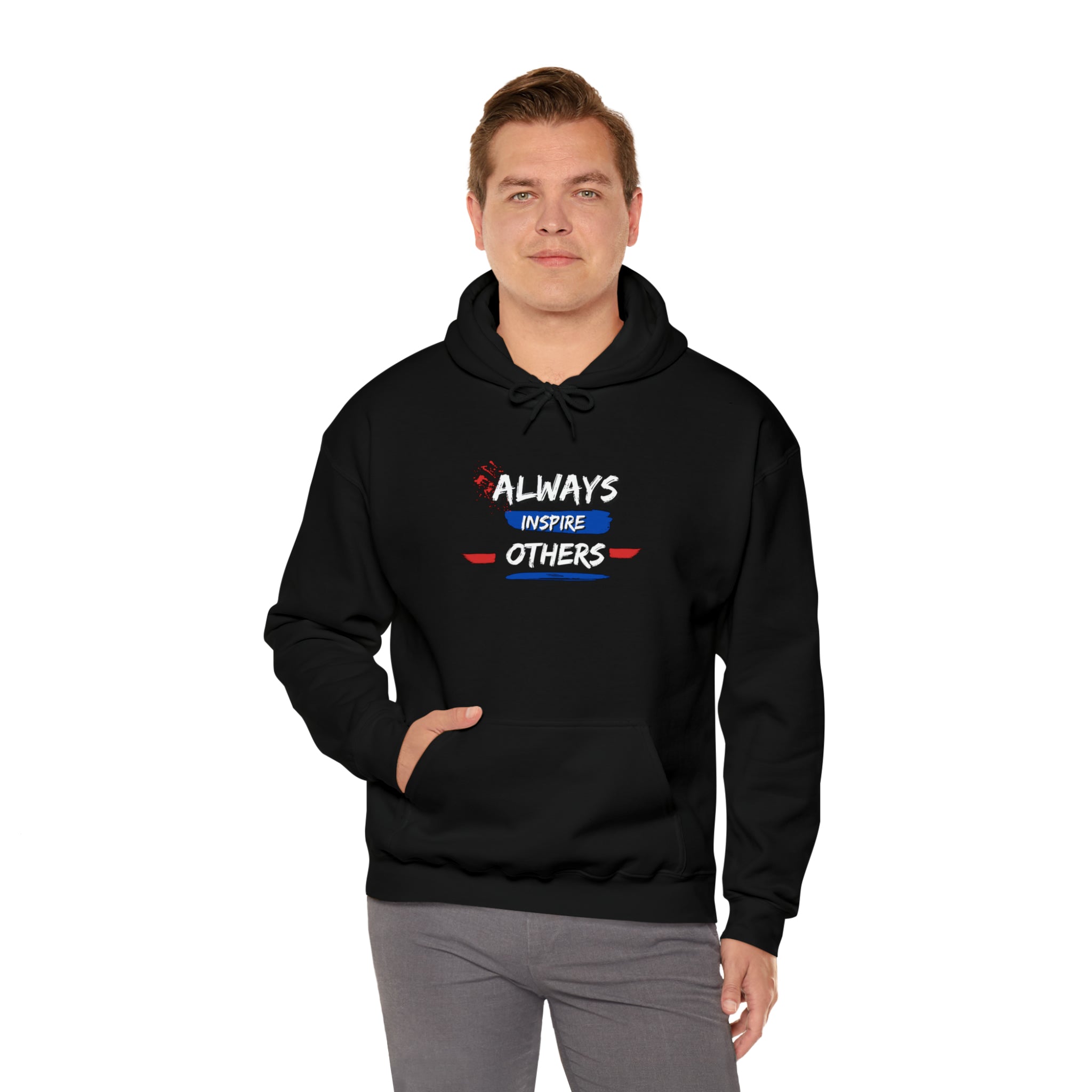 Adult male wearing black  hoodie with "Always Inspire Others" image on front.