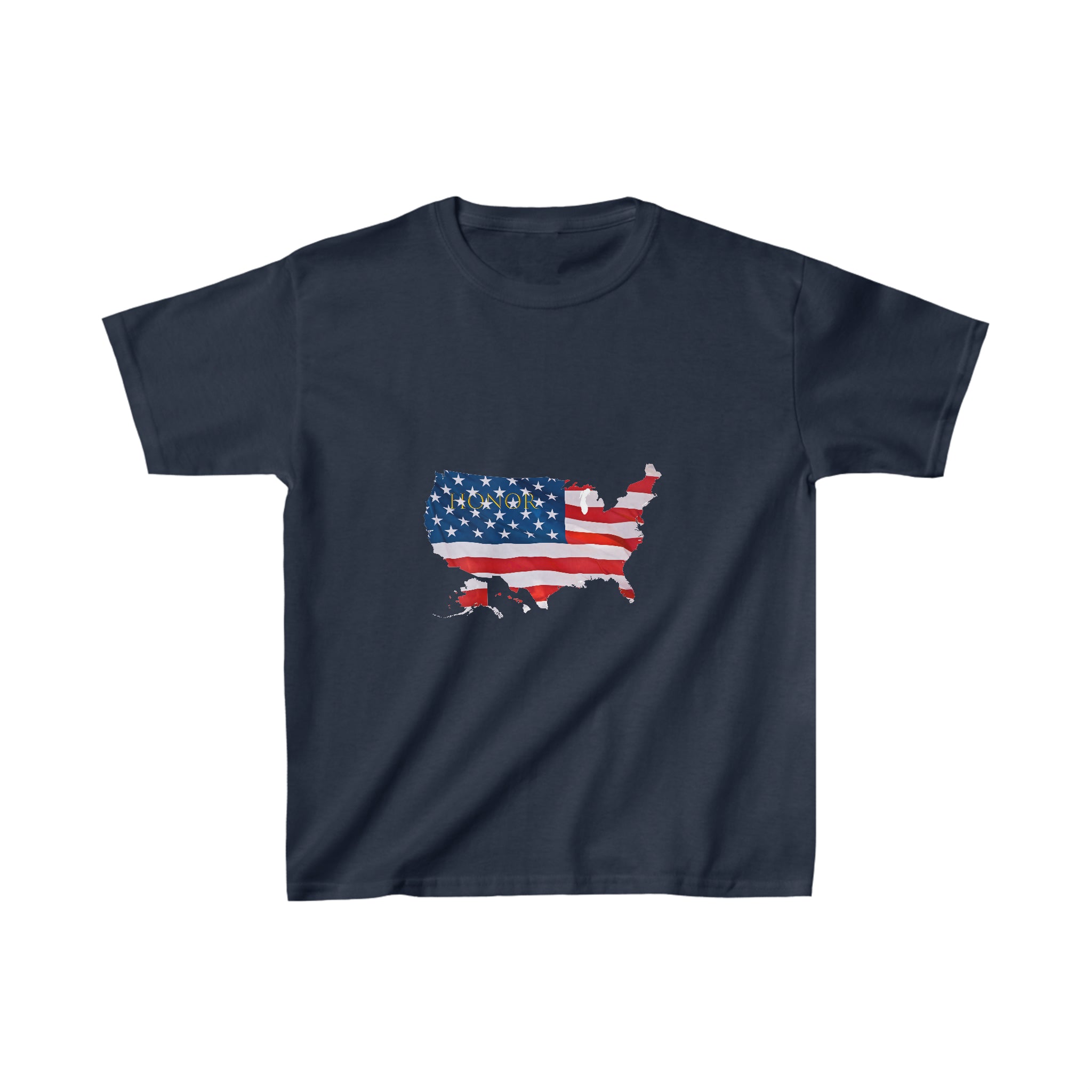 Youth unisex navy T-shirt with "Honor USA" inspired American as a Flag graphic on front