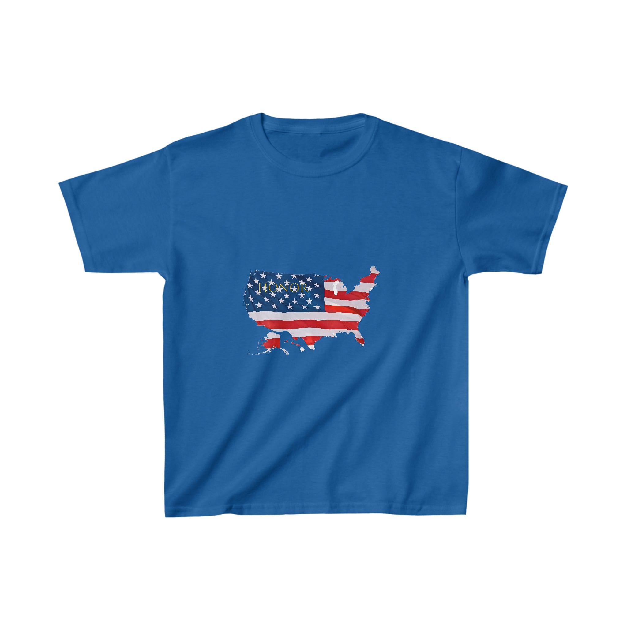 Youth unisex royal  T-shirt with "Honor USA" inspired American as a Flag graphic on front