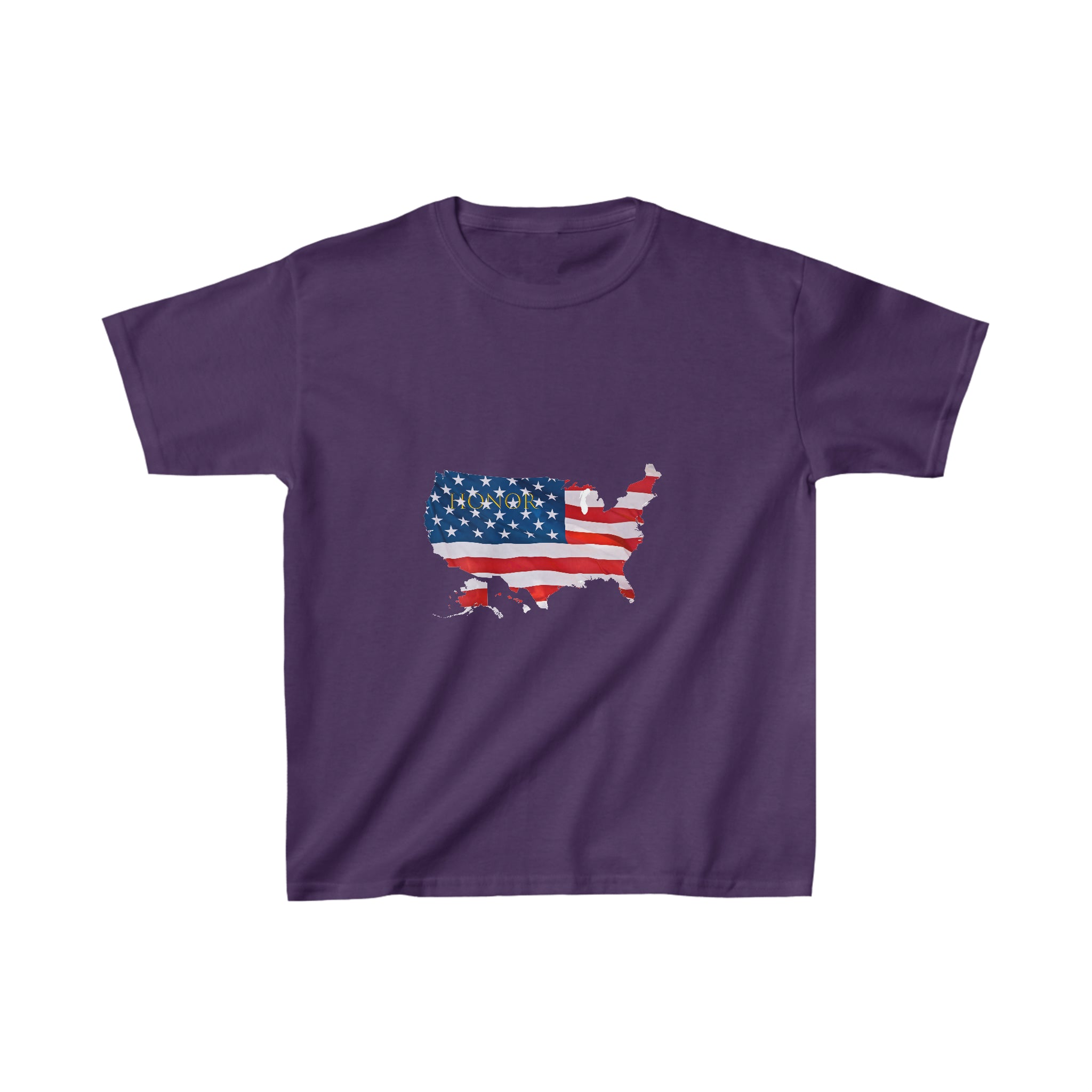 Youth unisex purple T-shirt with "Honor USA" inspired American as a Flag graphic on front