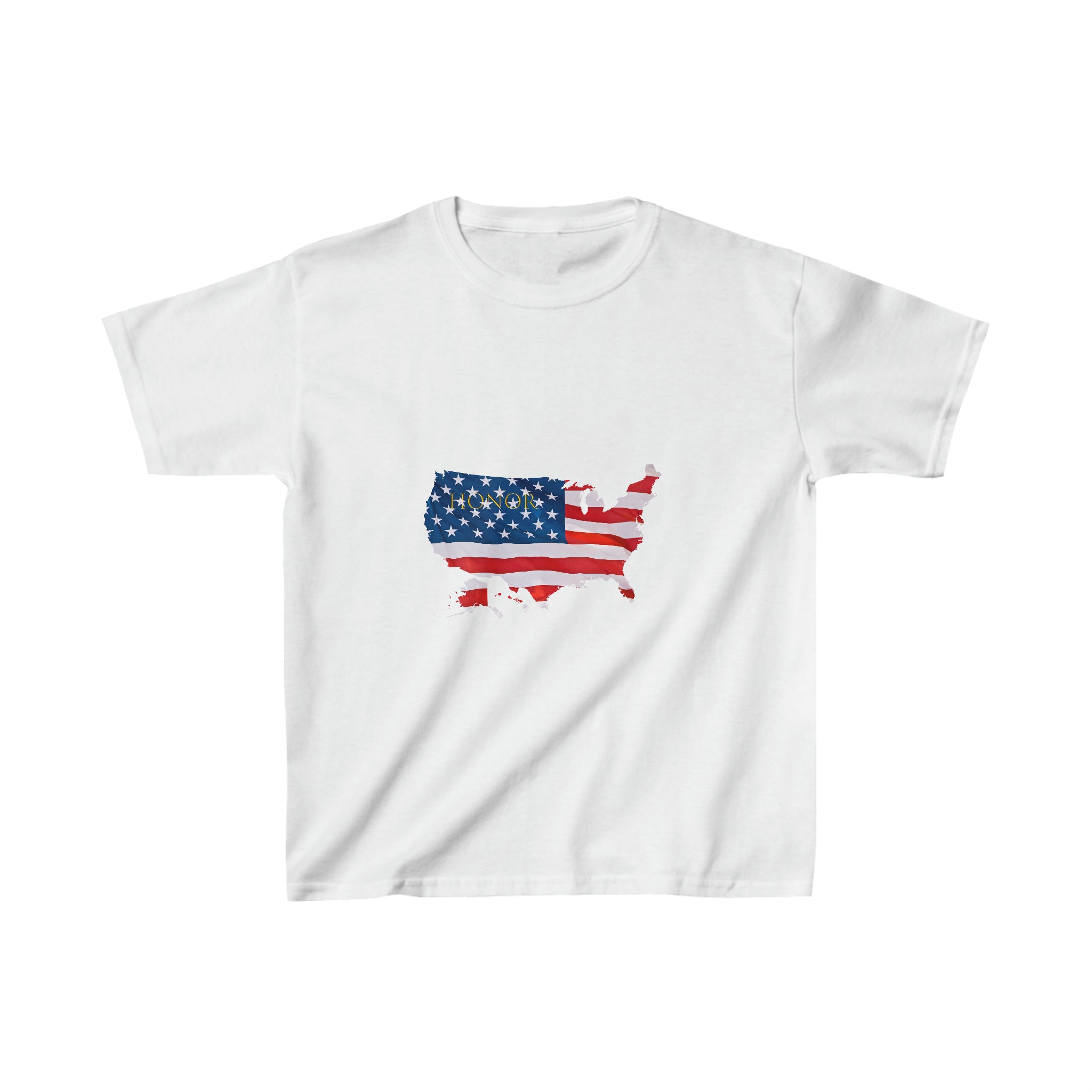 Youth unisex white T-shirt with "Honor USA" inspired American as a Flag graphic on front