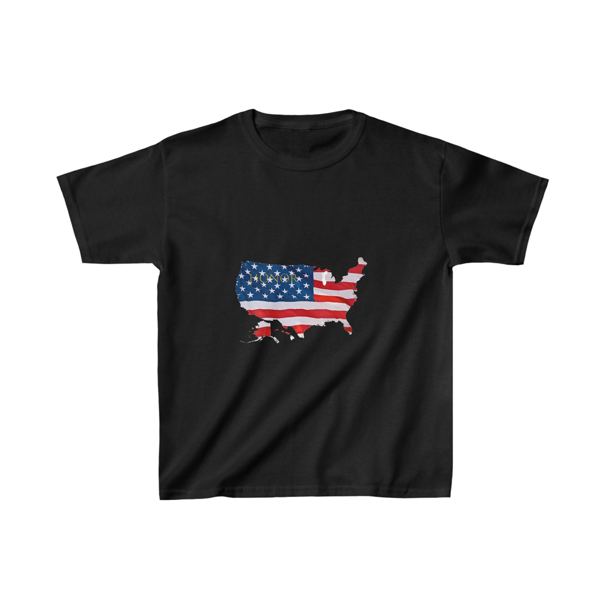 Youth unisex black T-shirt with "Honor USA" inspired American as a Flag graphic on front