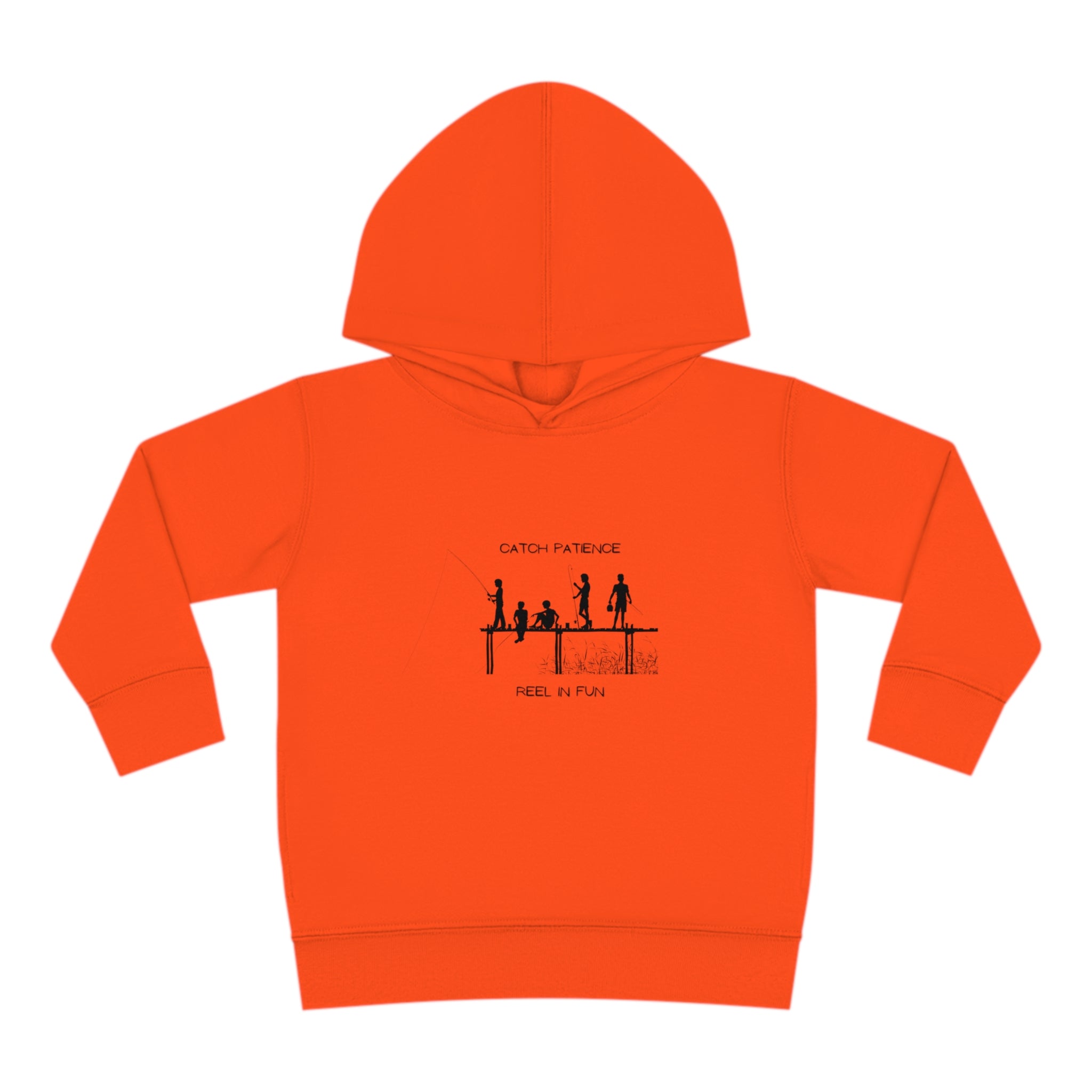 Toddler unisex wearing orange hoodie with "Catch Patience Reel in Fun" inspired graphic of people fishing.