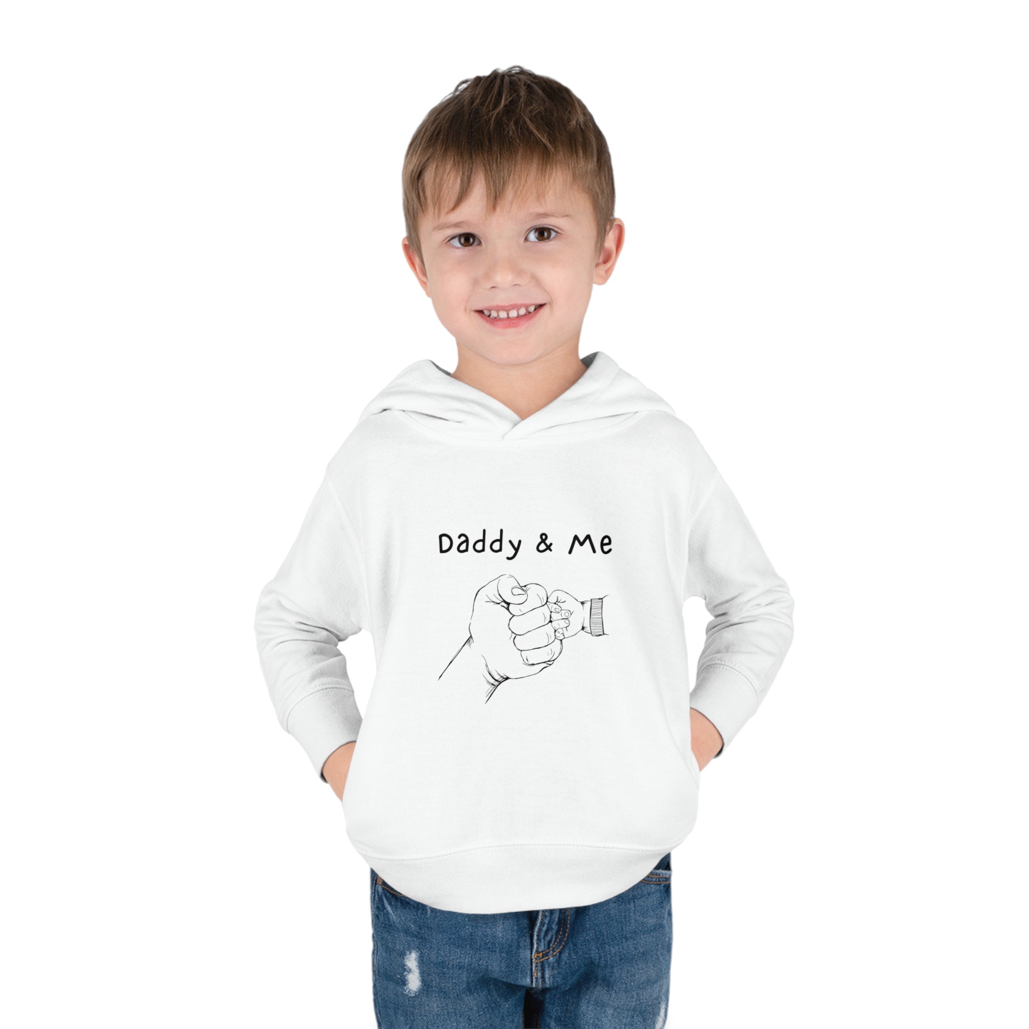 Toddler boy white hoodie " Daddy & Me" with fist bumps hands on front.
