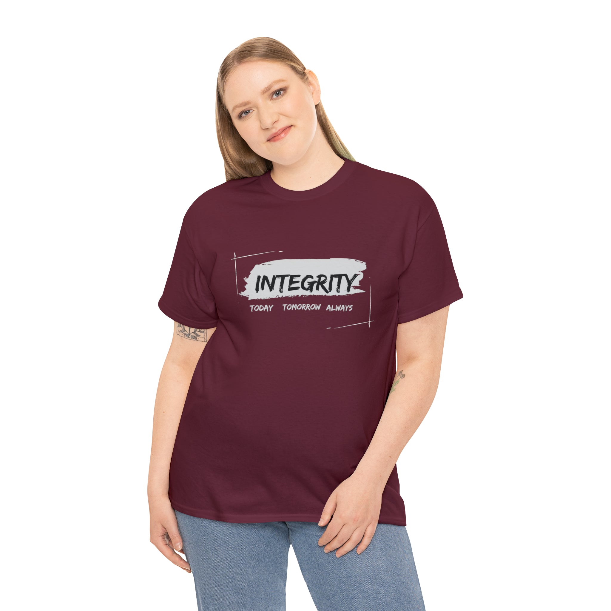 Adult woman wearing maroon T-Shirt " Integrity Today Tomorrow Always" inspired image.