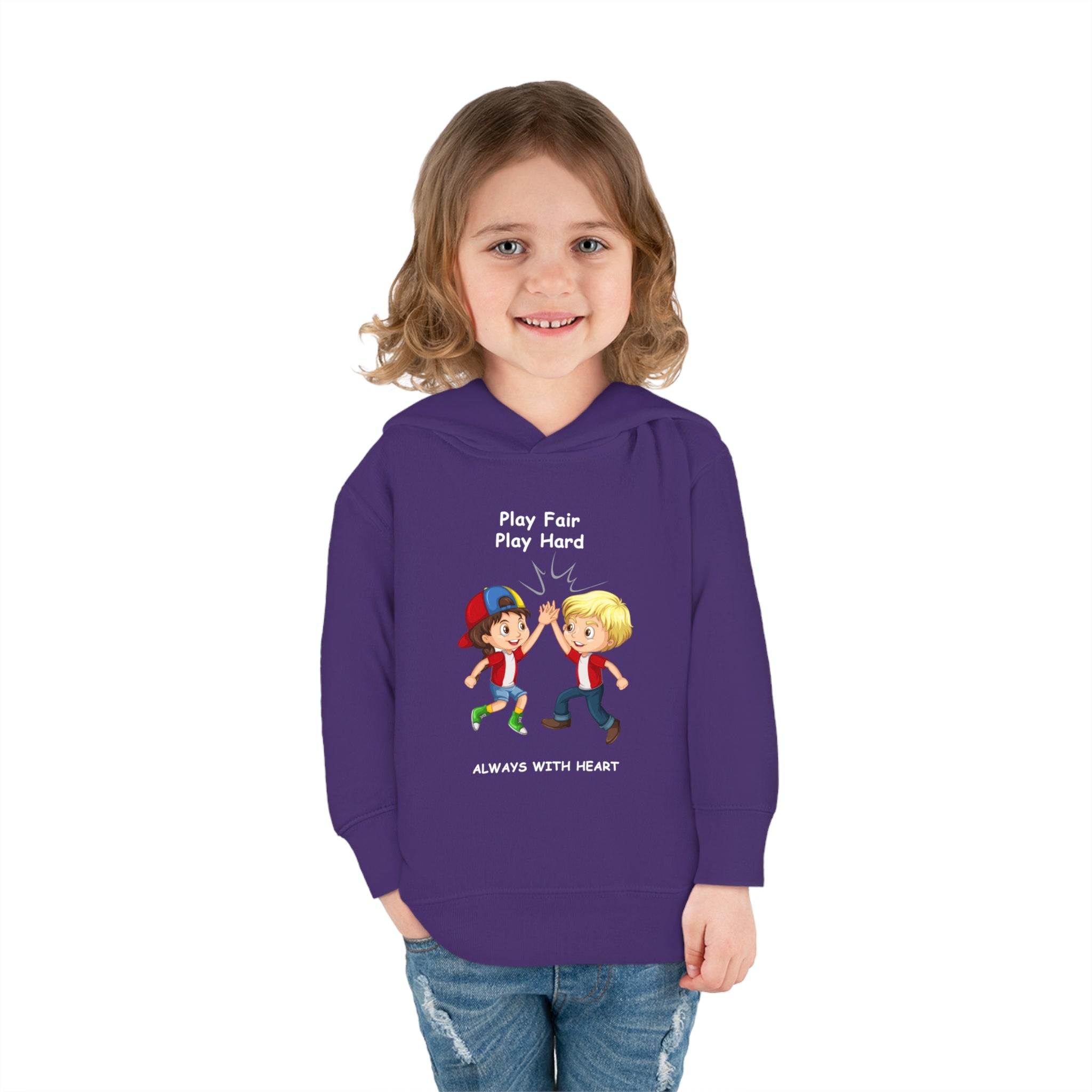 Girl  Toddler wearing unisex purple hoodie with " Play Fair Play Hard Always with Heart" inspired graphic
