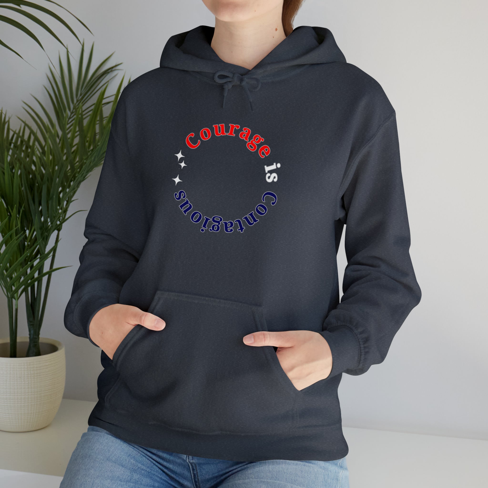 Adult unisex heather navy hoodie " Courage is Contagious" inspired message on front.