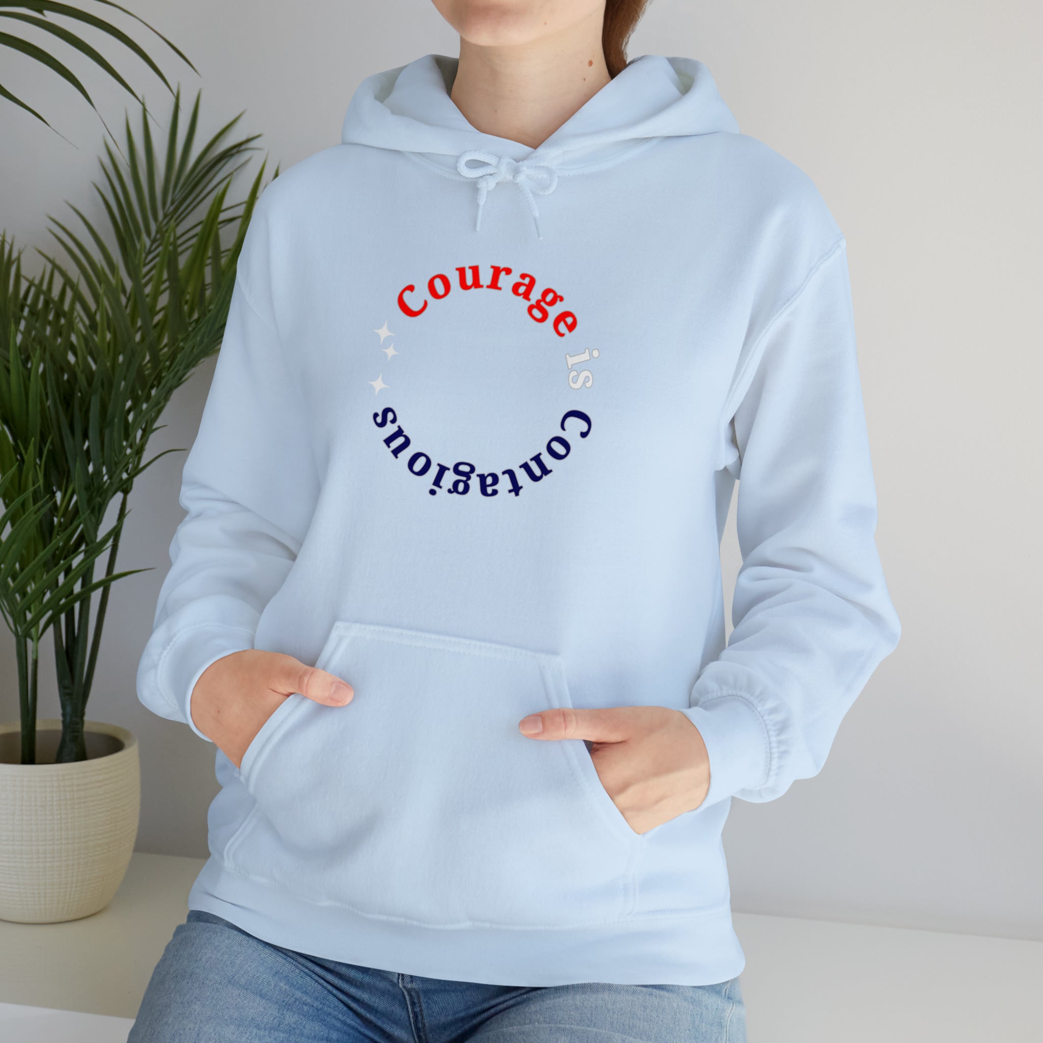 Adult unisex light blue hoodie " Courage is Contagious" inspired message on front.