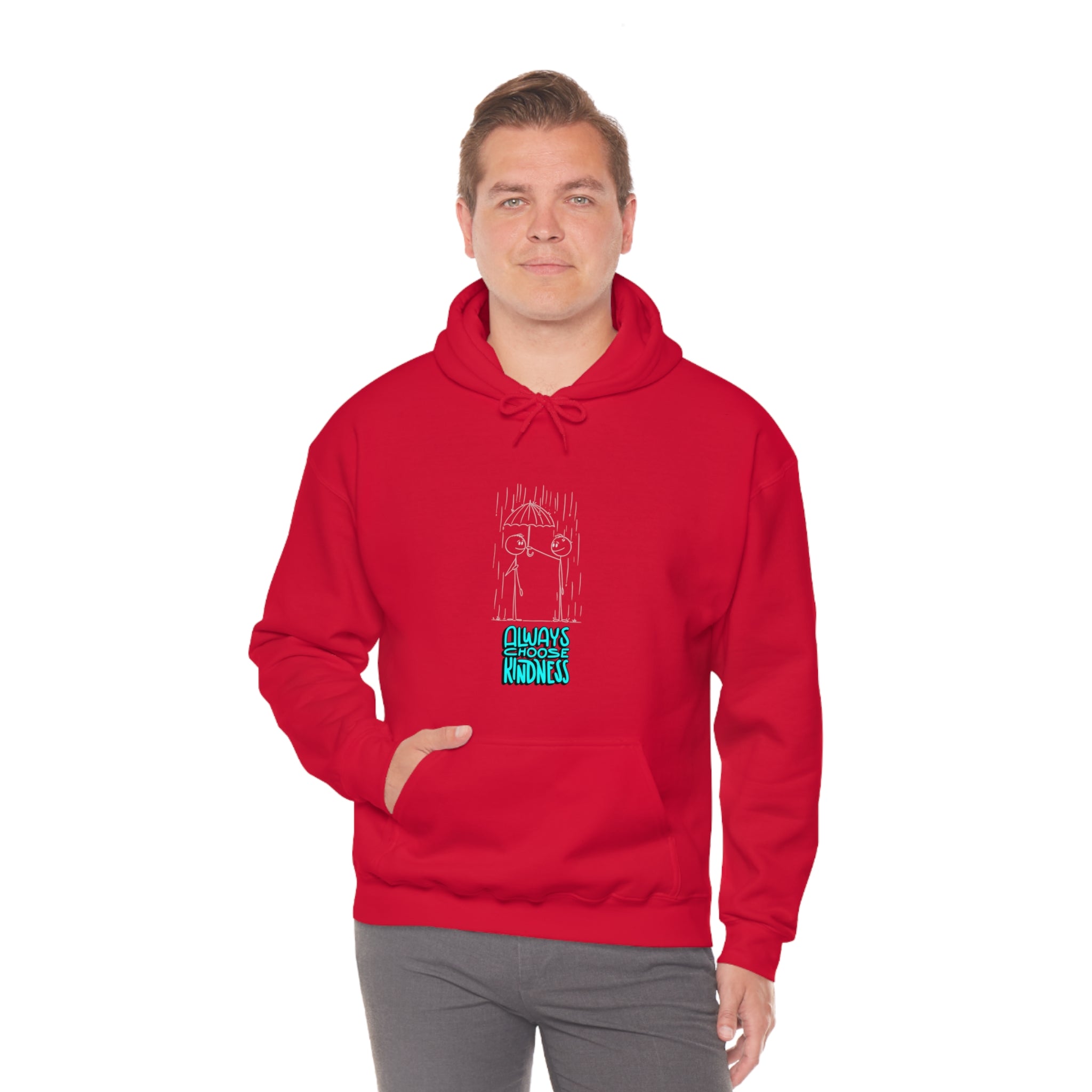 Adult Male wearing red colored hoodie with "Always Choose Kindness" inspired graphic.