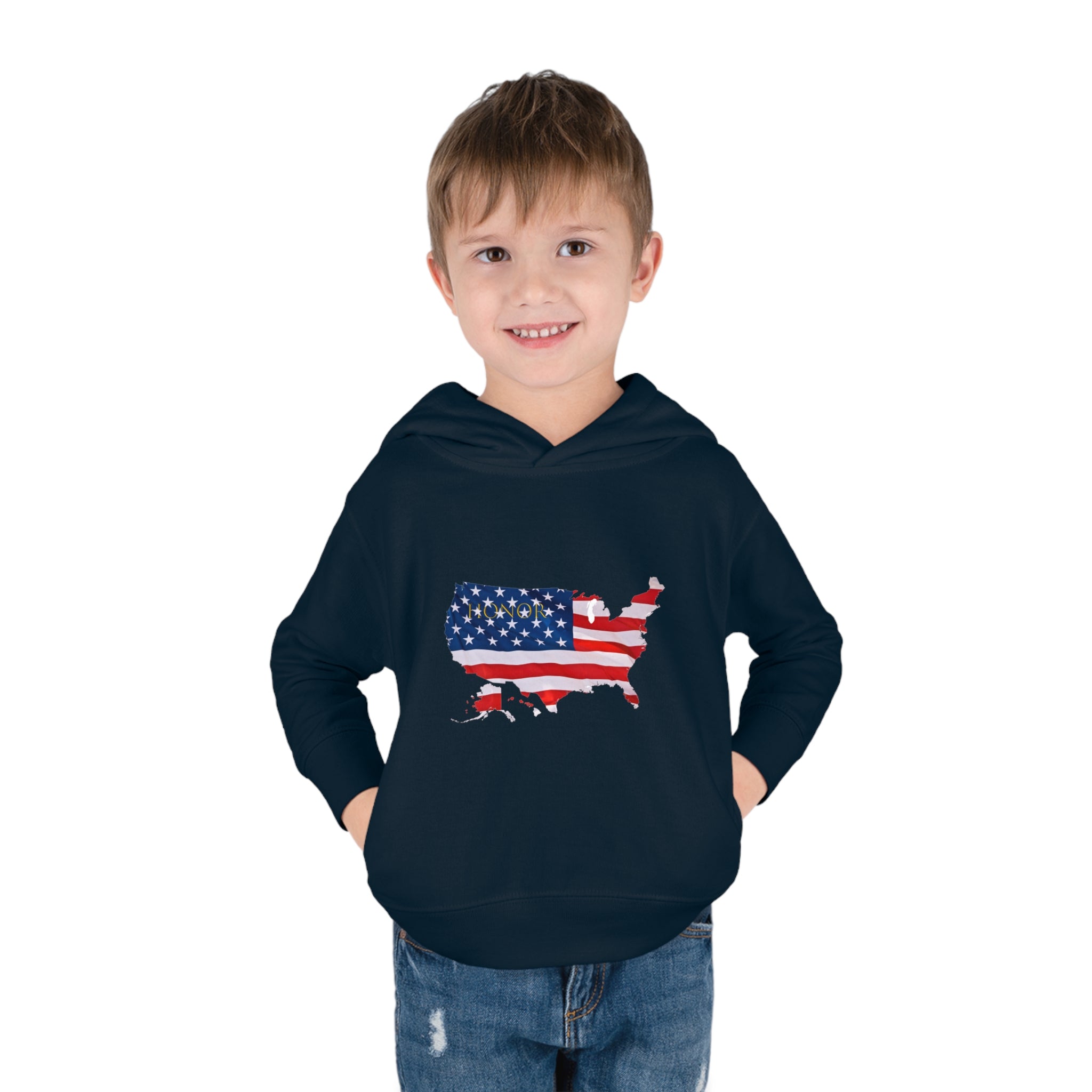 Toddler Boy wearing navy Hoodie with "Honor USA" inspired American as a Flag graphic on front.