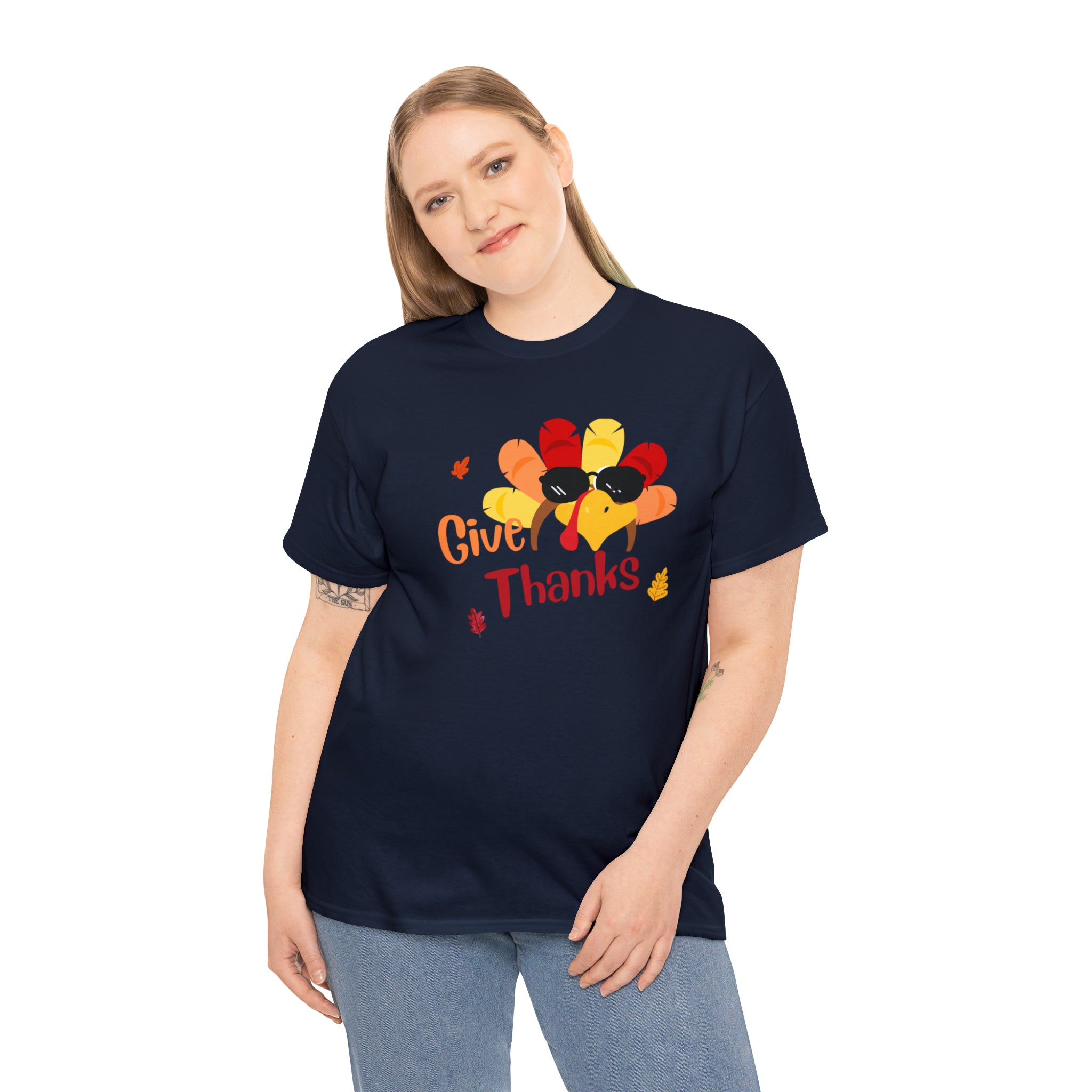 Adult women navy T-Shirt " Give Thanks" with Turkey head on front.