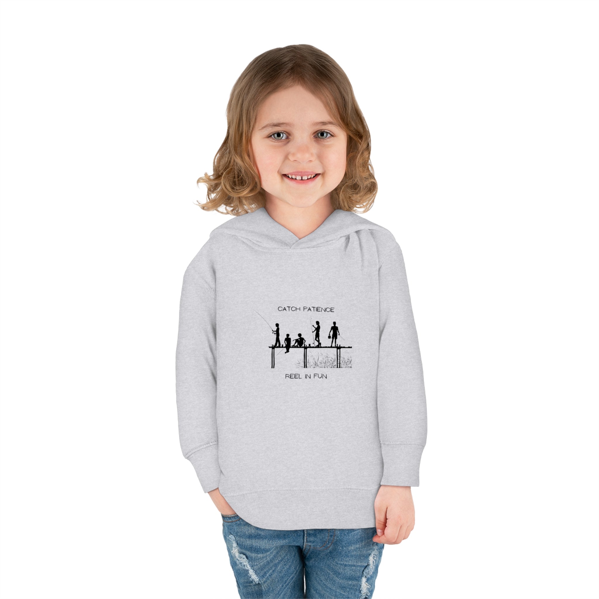 Girl Toddler unisex wearing Sport grey hoodie with "Catch Patience Reel in Fun" inspired graphic of people fishing.