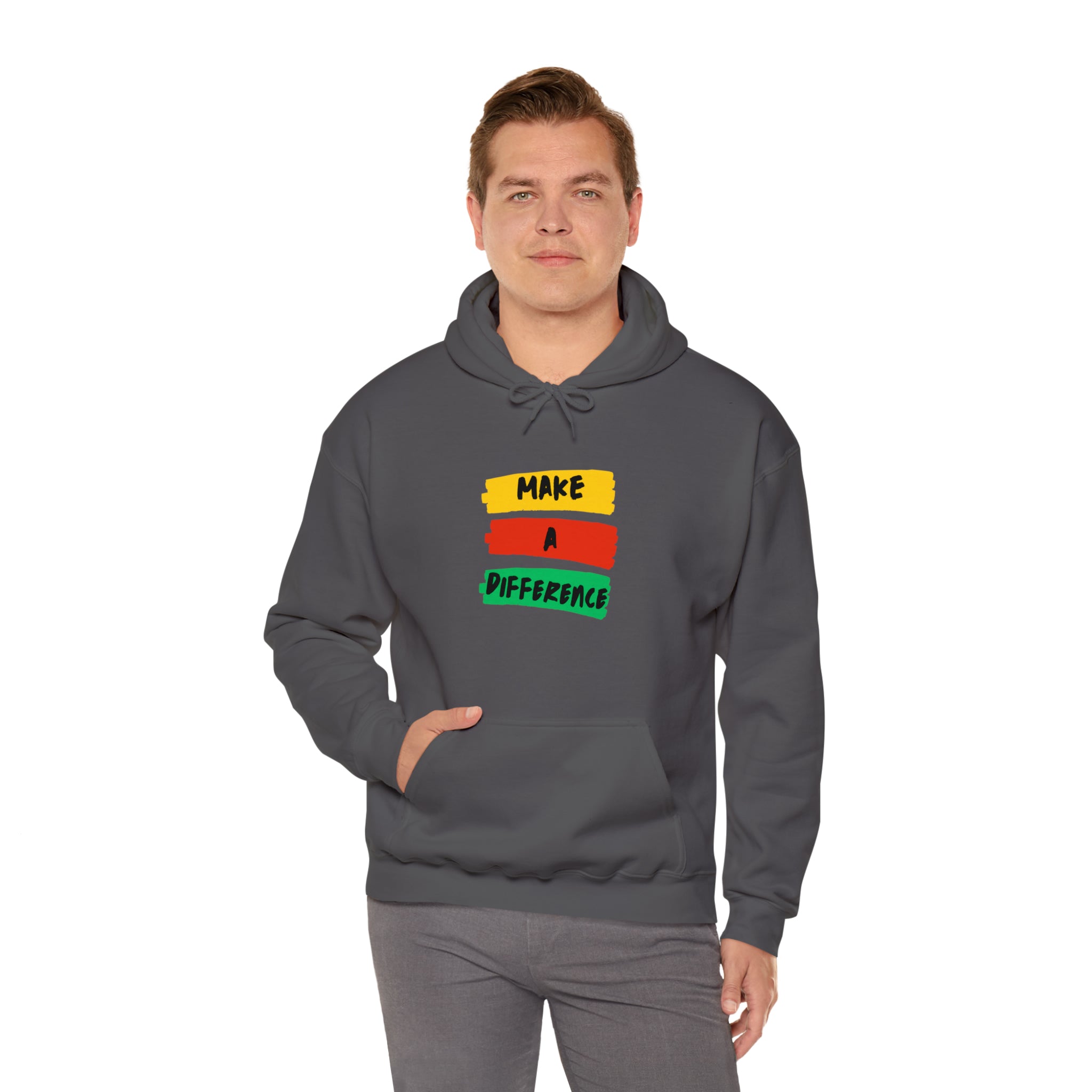 Adult Male wearing charcoal hoodie " Make A Difference" inspired images.