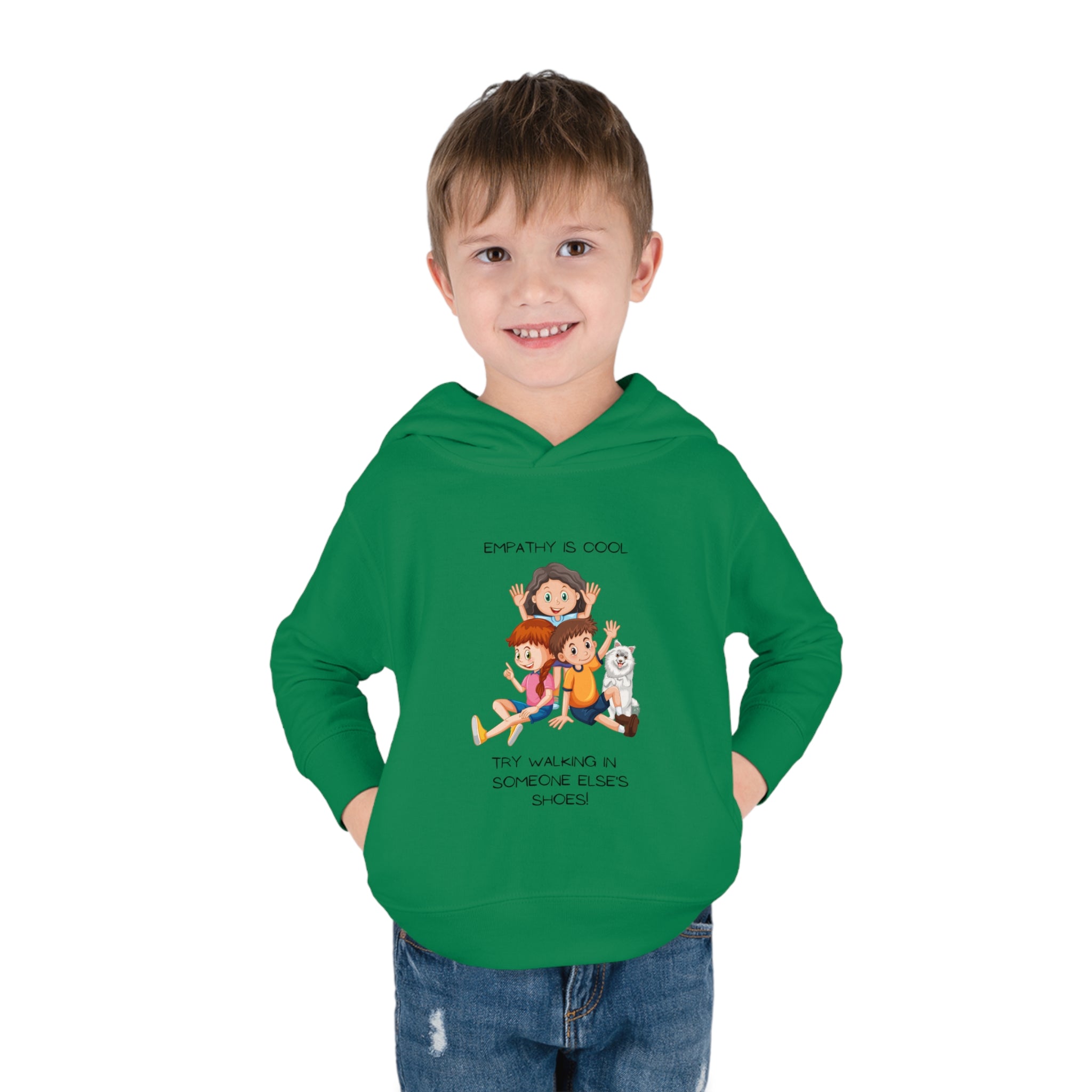 Toddler boy wearing irish green  hoodie " Empathy Is Cool Try Walking In Someone Else's Shoes" Inspired message on front.