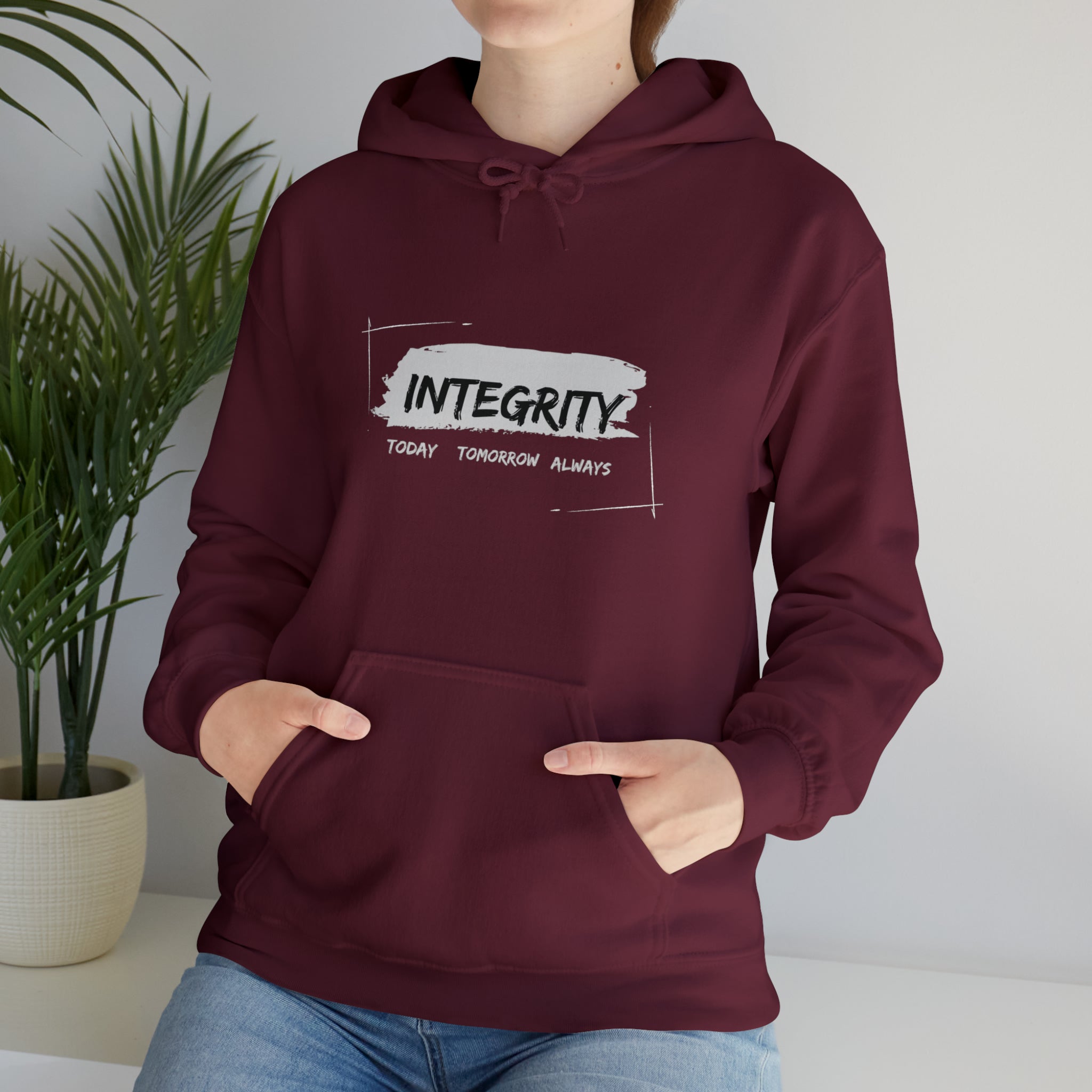 Adult Unisex maroon hoodie " Integrity Today Tomorrow Always" inspired image.