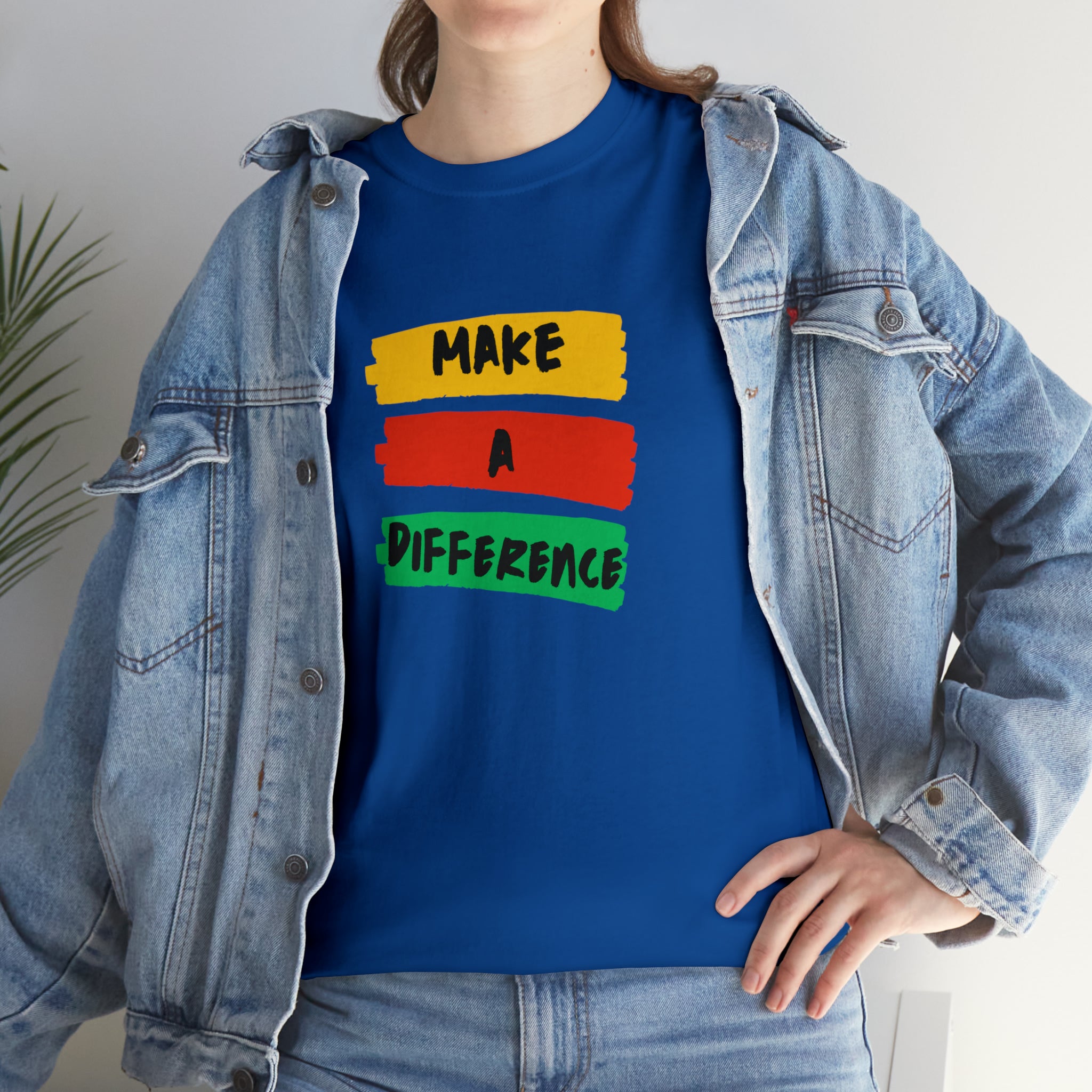 Adult female unisex royal T-Shirt with " Make A Difference" inspired images.