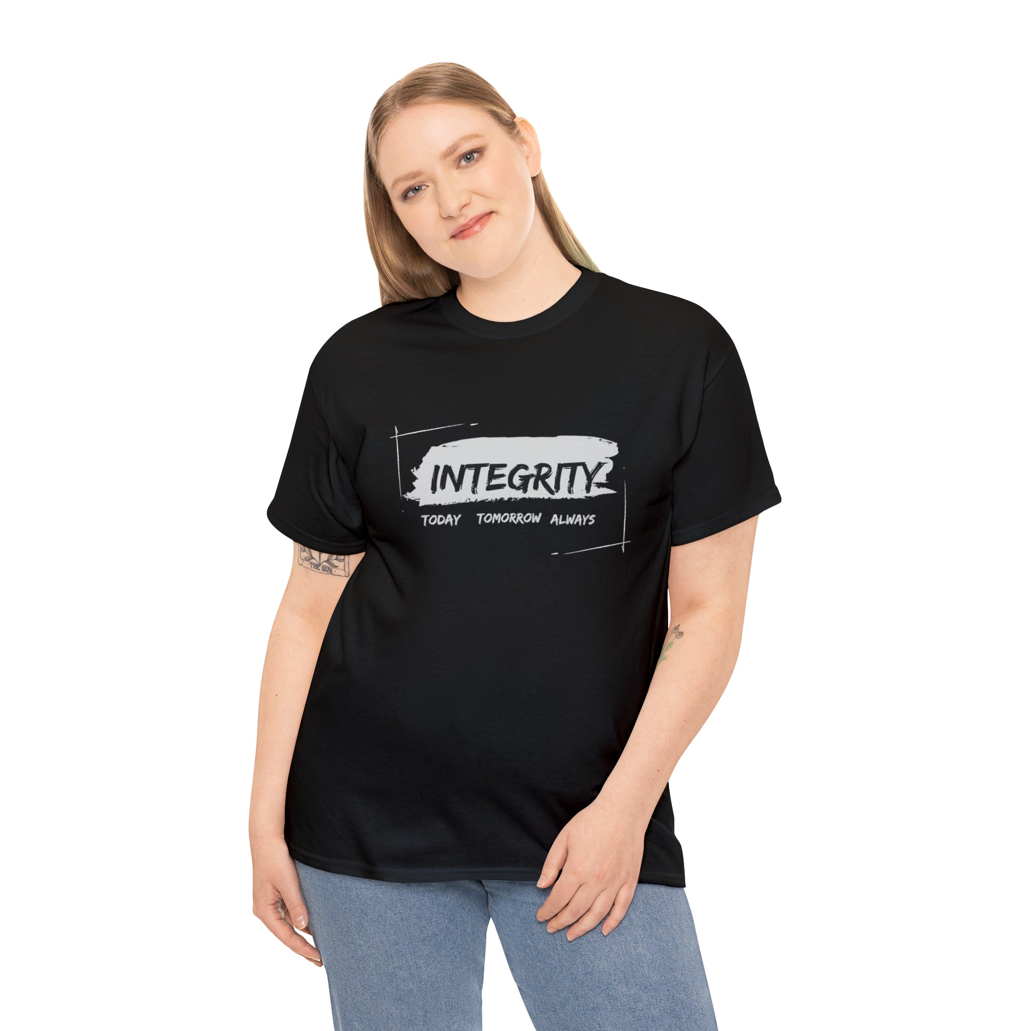 Adult woman wearing black T-Shirt " Integrity Today Tomorrow Always" inspired image.