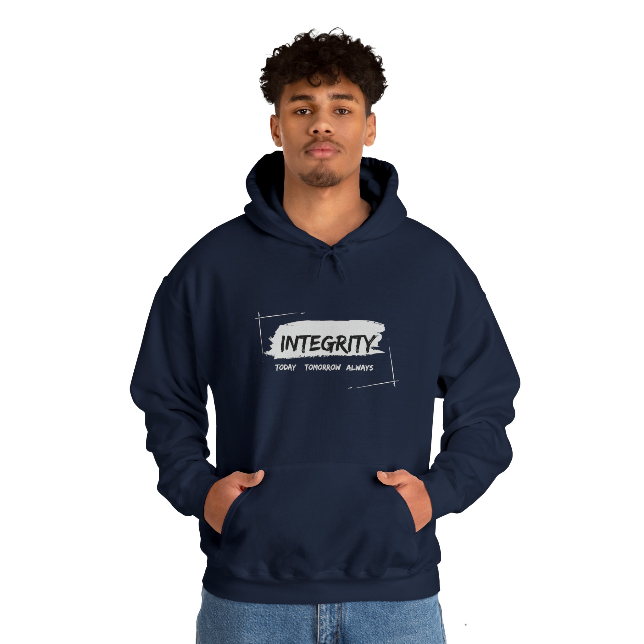 Adult male wearing Unisex navy hoodie " Integrity Today Tomorrow Always" inspired image.