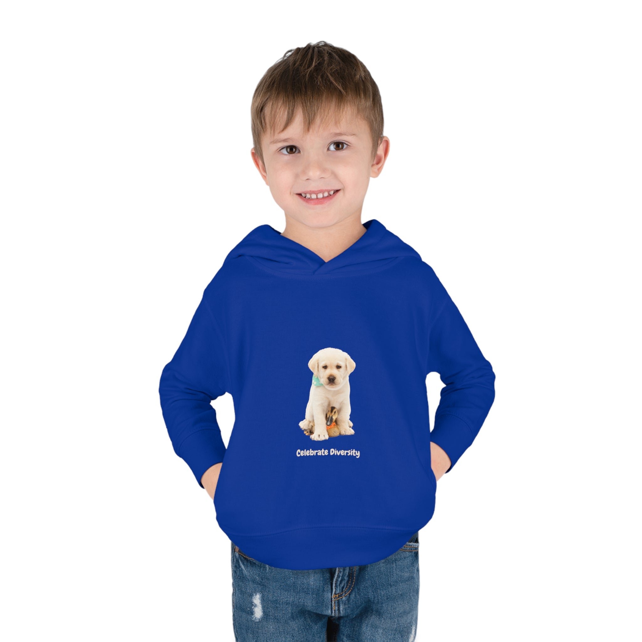 Toddler boy wearing royal unisex hoodie with "Celebrate Diversity" inspired graphic with puppy and duck on front.