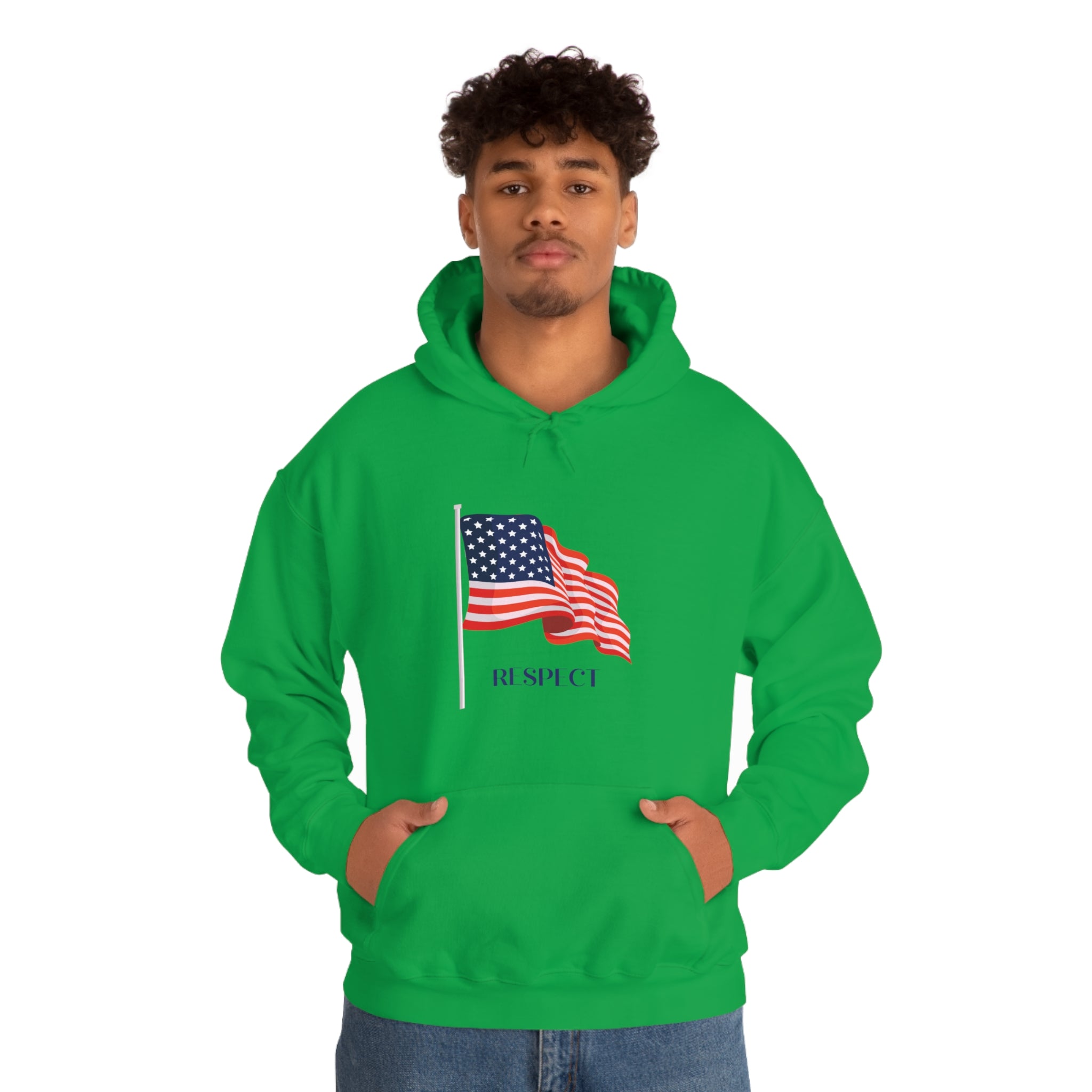 Adult male wearing irish green hoodie with "Respect" inspired American Flag on front.