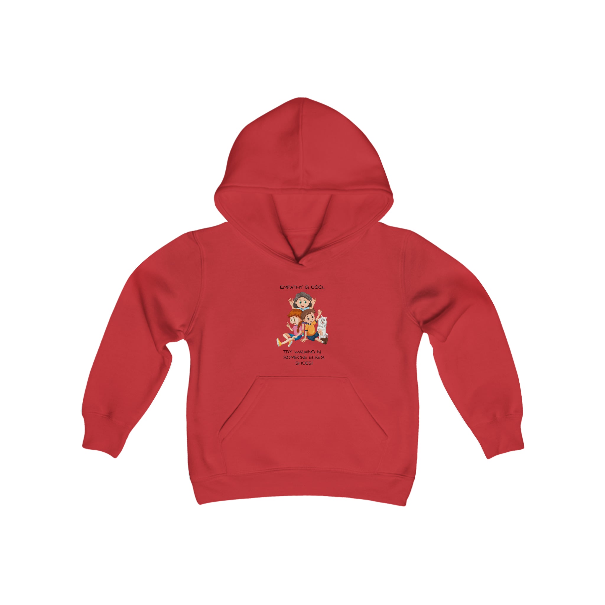 Youth unisex red hoodie " Empathy Is Cool Try Walking In Someone Else's Shoes" Inspired message on front.
