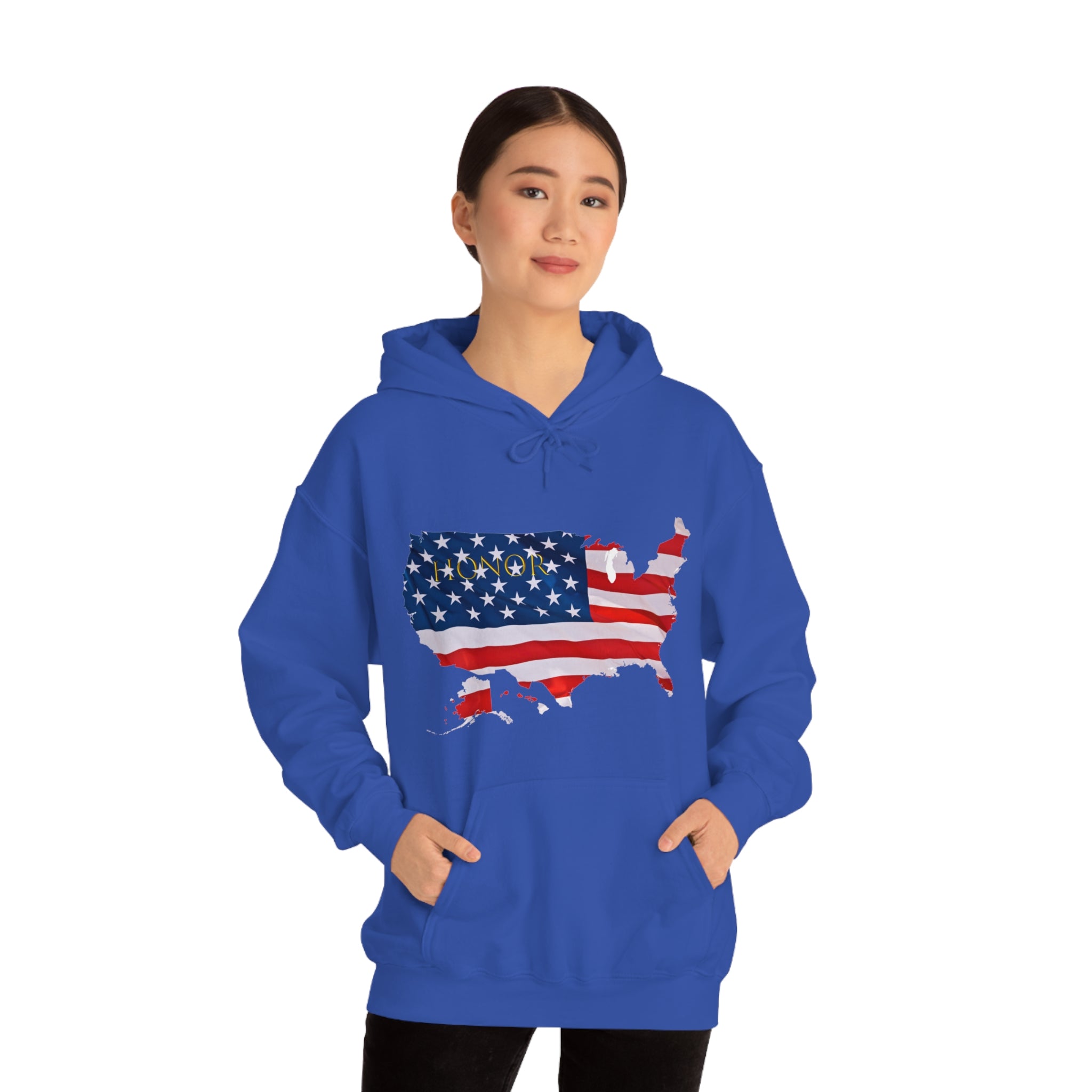 Adult female wearing royal  hoodie with "Honor USA" inspired American as a Flag graphic on front.