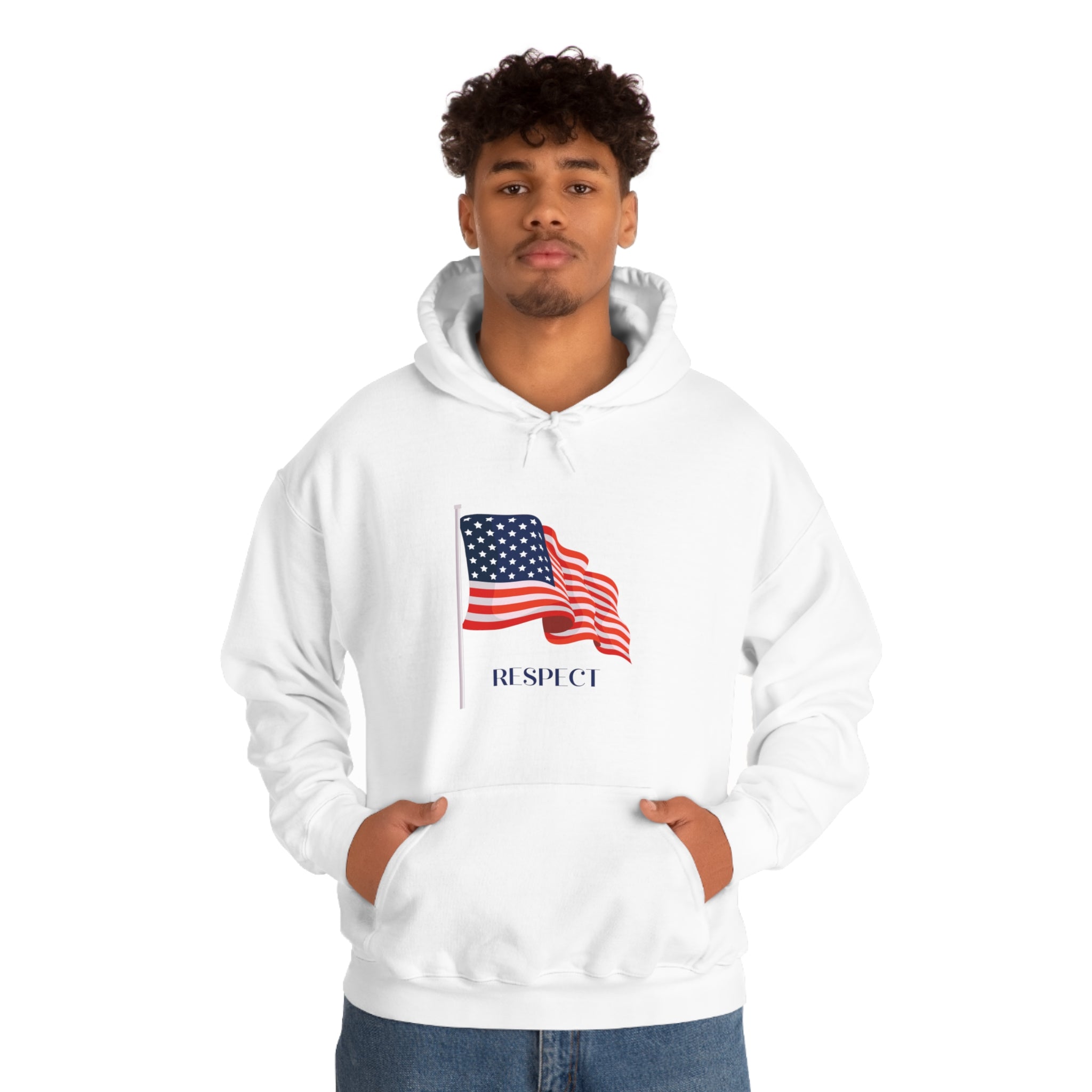 Adult male wearing white hoodie with "Respect" inspired American Flag on front.
