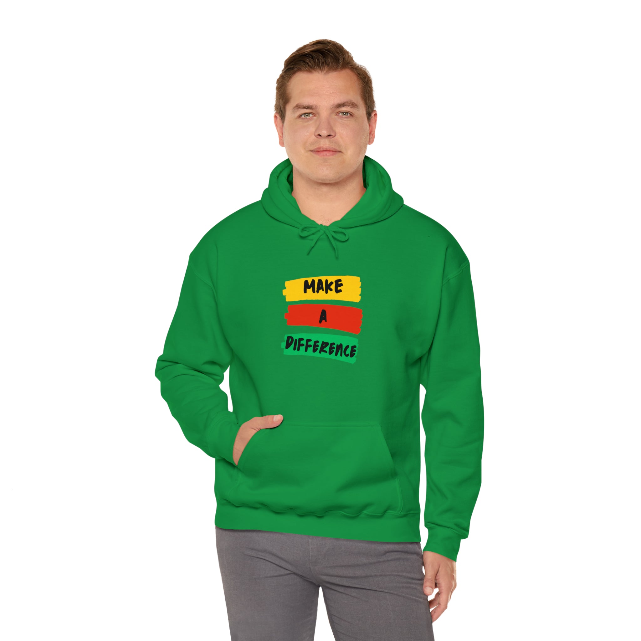 Adult Male wearing irish green  hoodie " Make A Difference" inspired images.