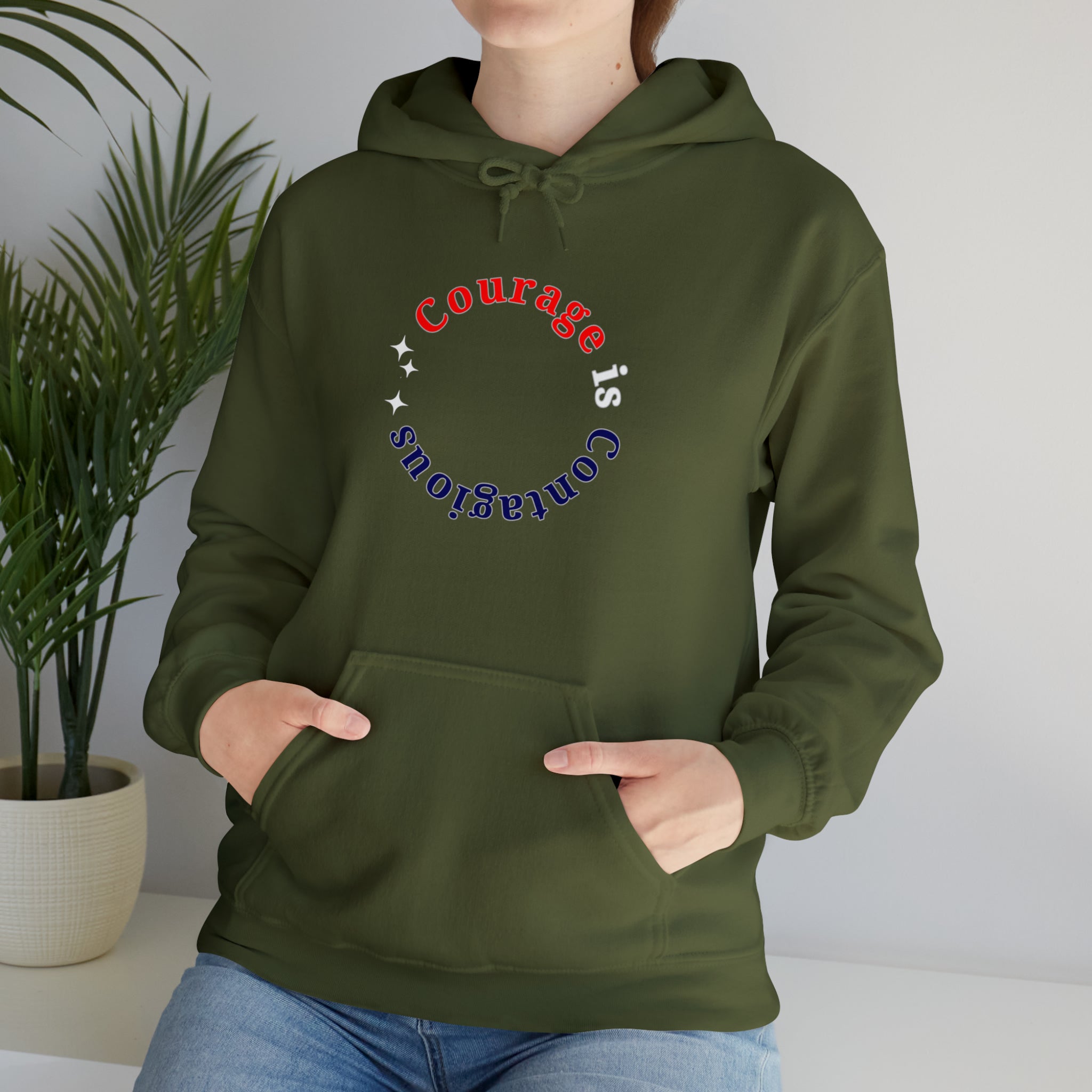 Adult unisex military green  hoodie " Courage is Contagious" inspired message on front.