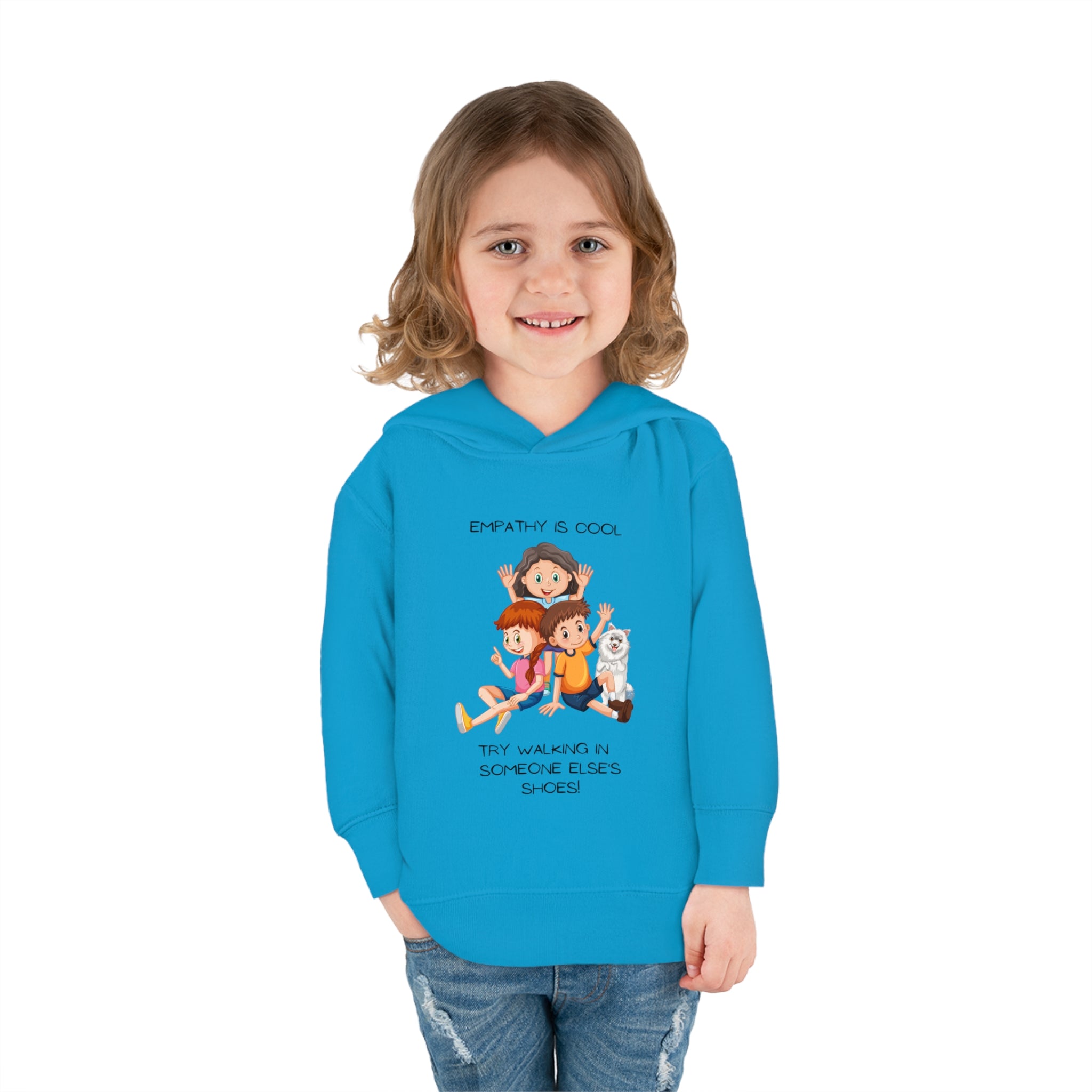Toddler girl wearing royal hoodie " Empathy Is Cool Try Walking In Someone Else's Shoes" Inspired message on front.