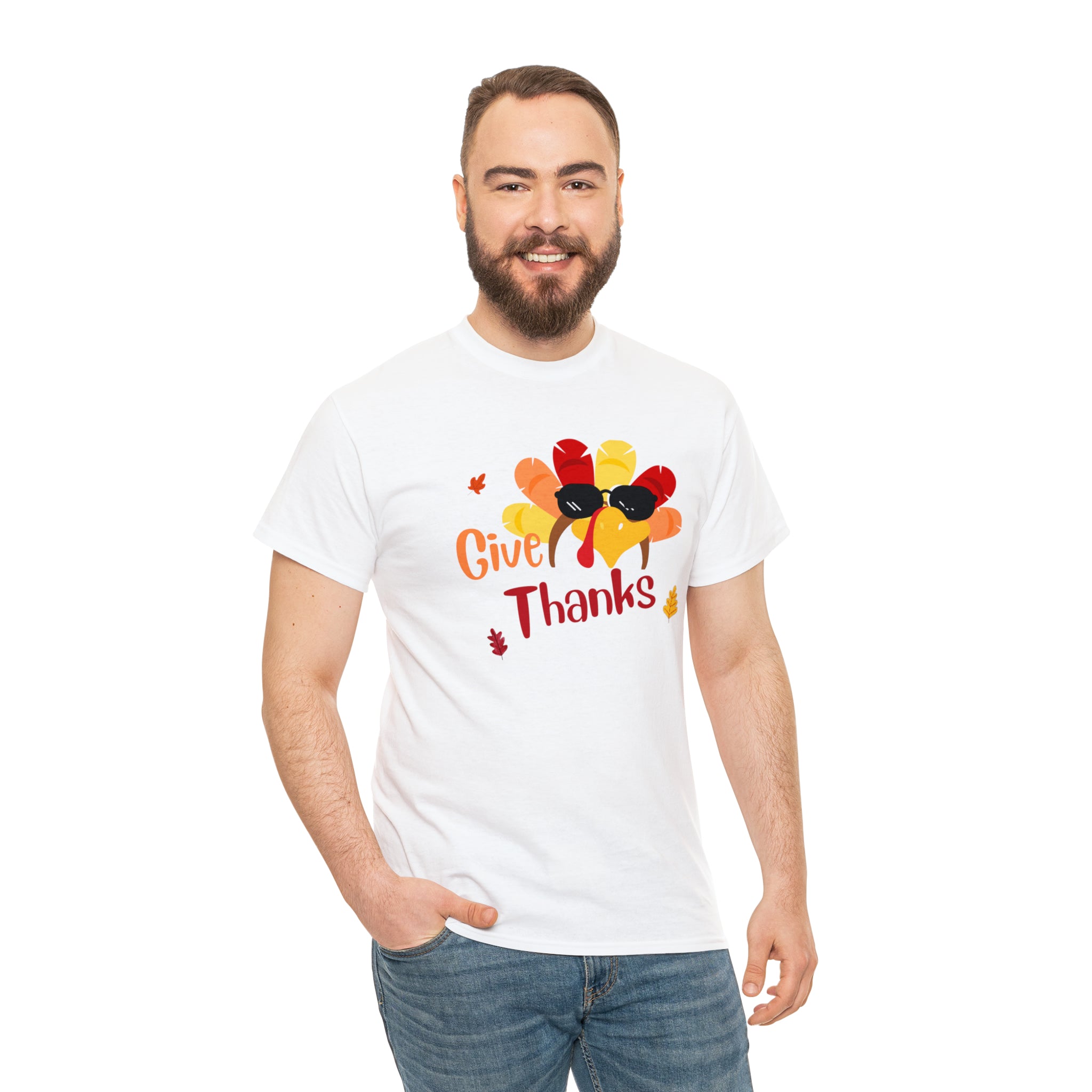 Adult men white T-Shirt " Give Thanks" with Turkey head on front.