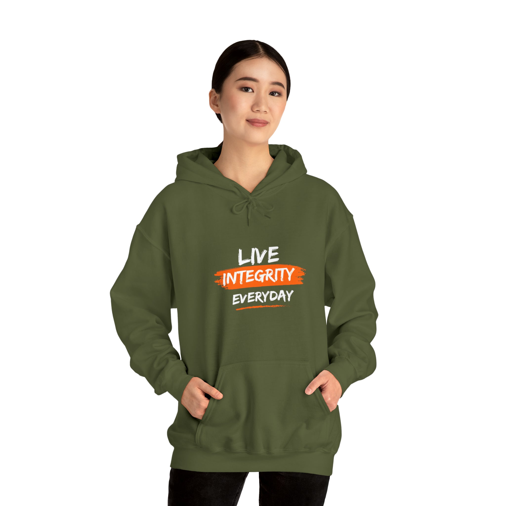 Adult women military green hoodie " Live Integrity Everyday" inspired images