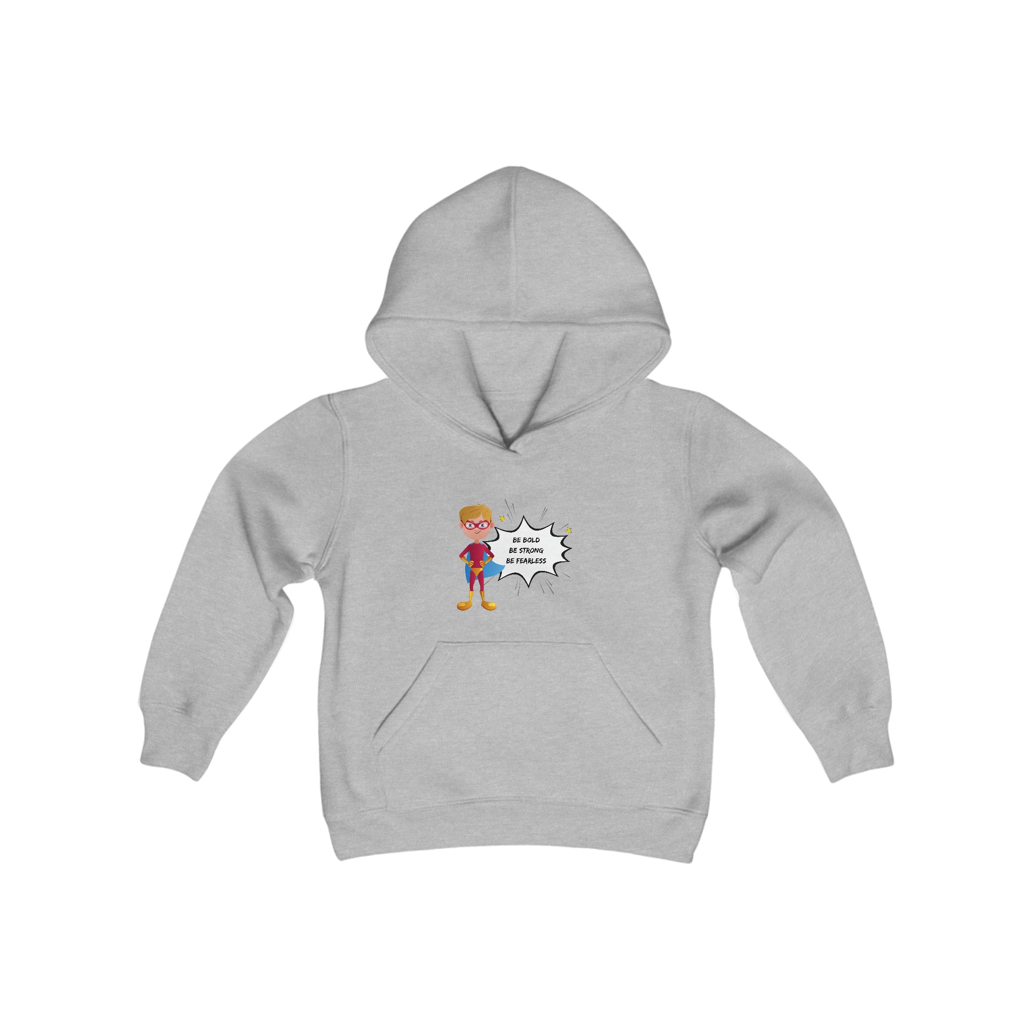 Youth Boy grey hoodie with "Be Bold Be Strong Be Fearless" motivational image on front.