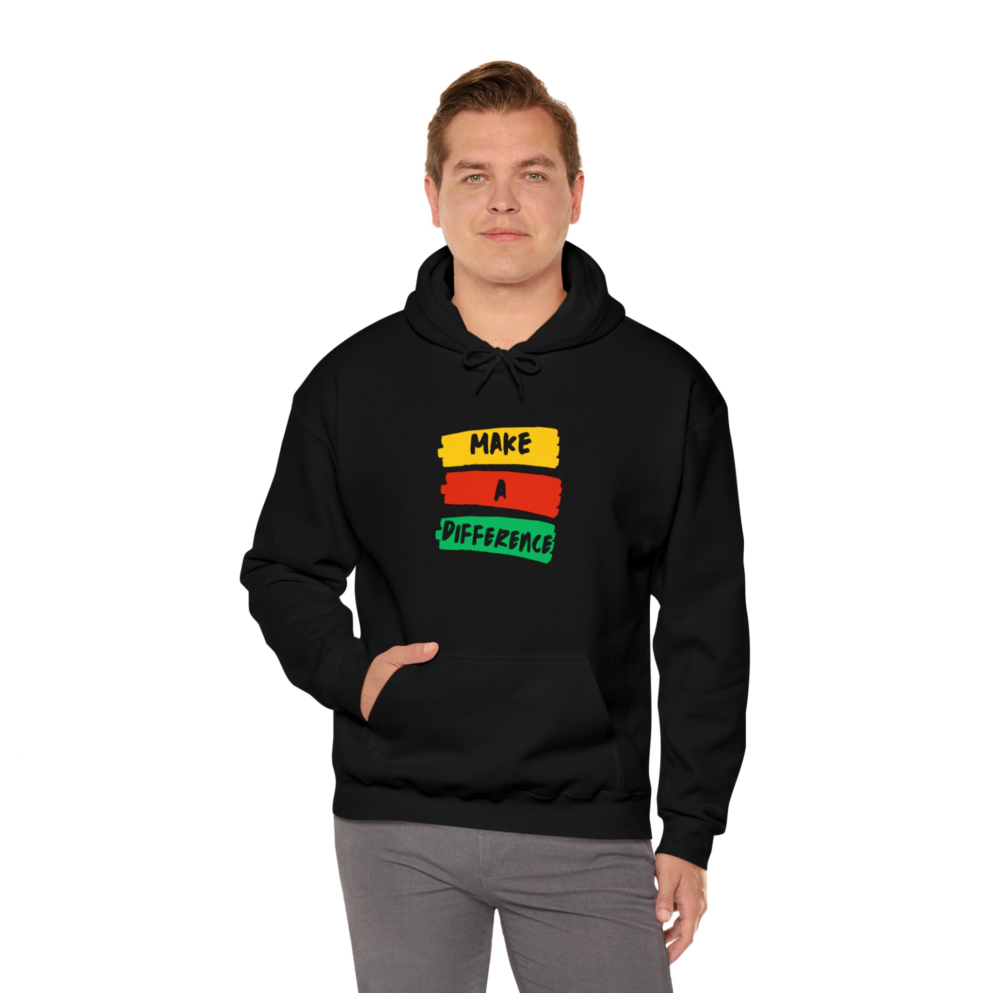 Adult Male wearing black hoodie " Make A Difference" inspired images.