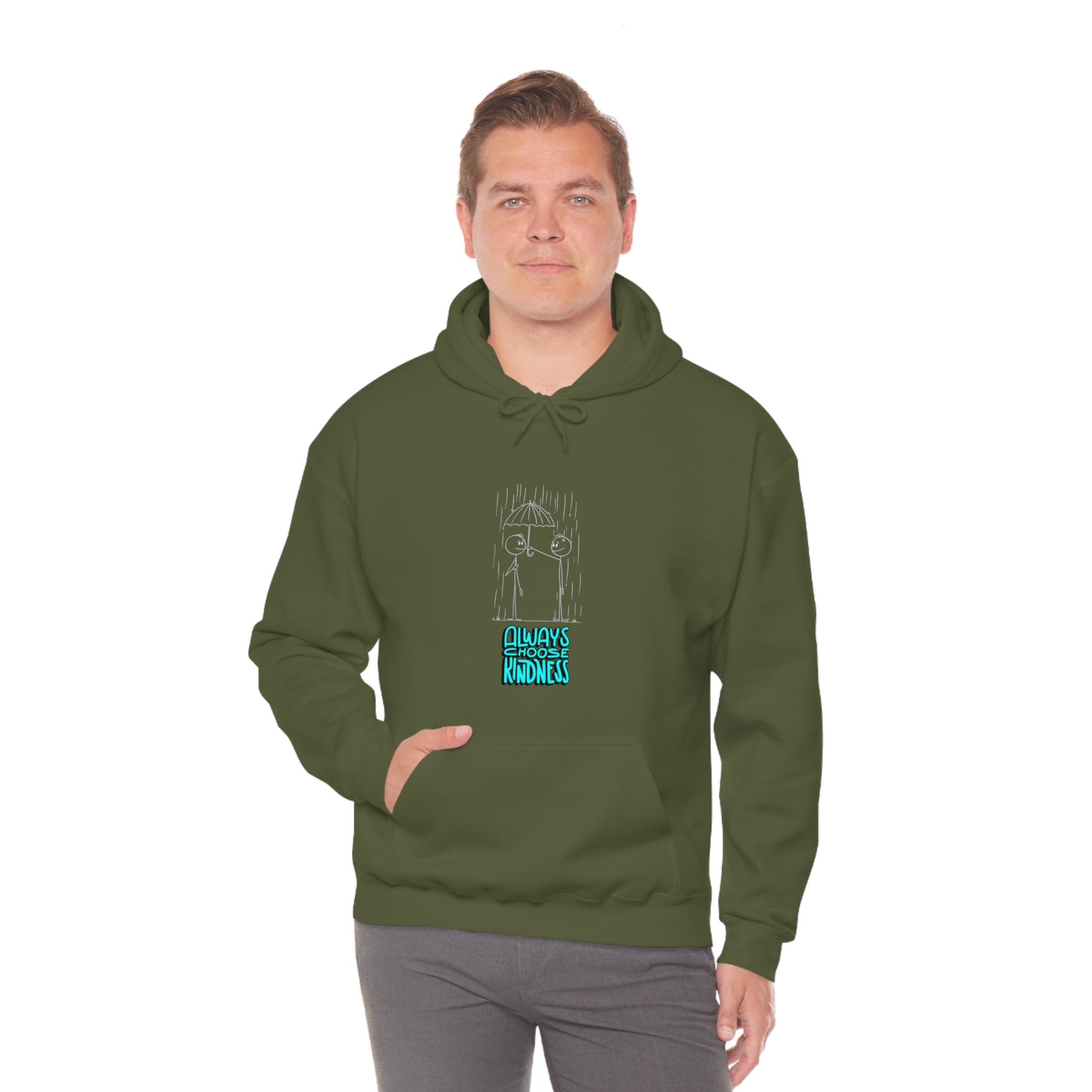 Adult Male wearing army green colored hoodie with "Always Choose Kindness" inspired graphic.