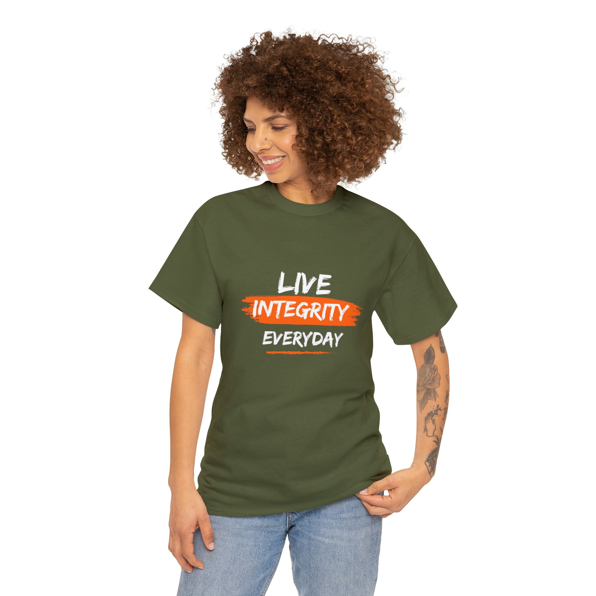 Adult female wearing army green T-Shirt " Live Integrity Everyday" inspired images