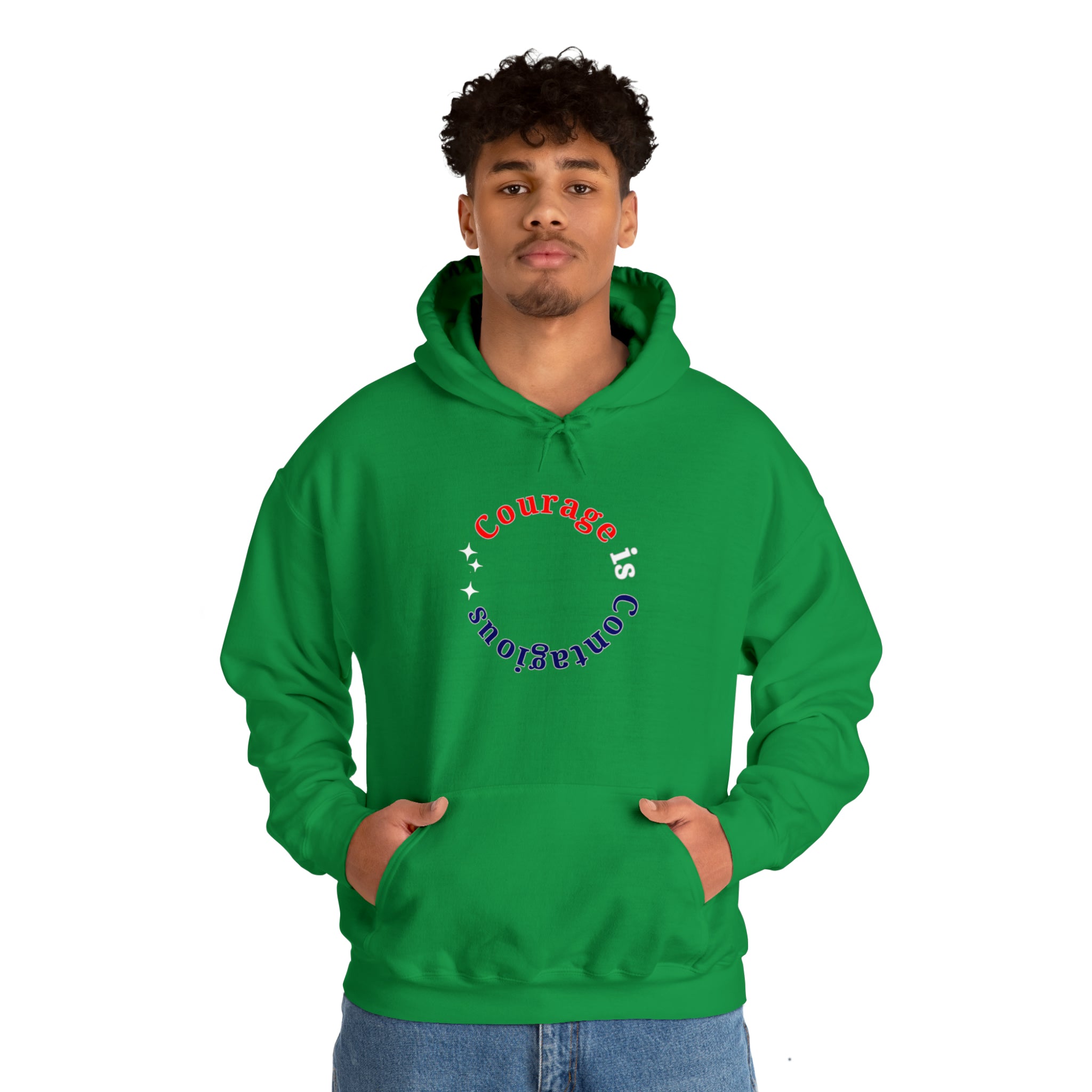 Adult man wearing irish green hoodie " Courage is Contagious" inspired message on front.