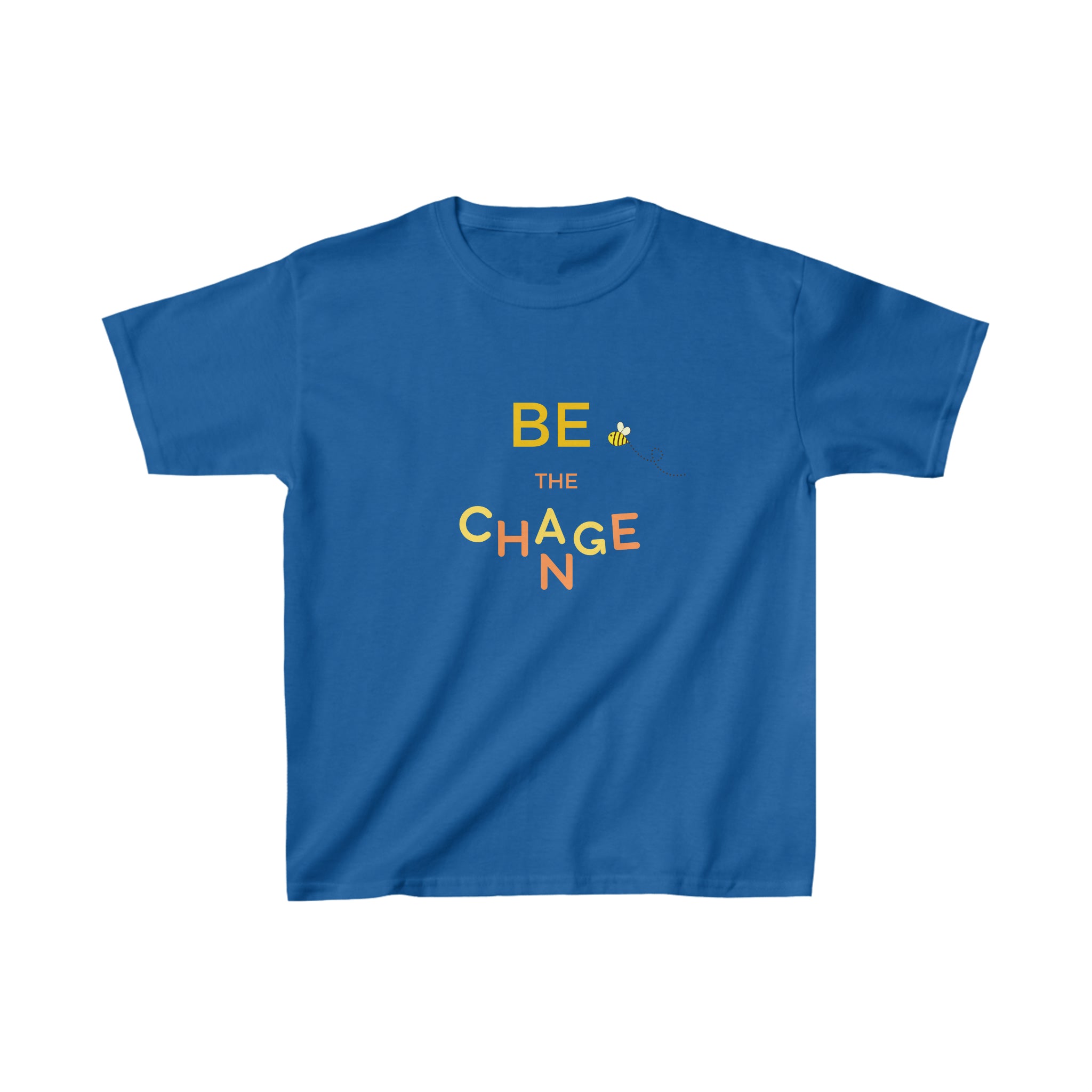 Youth unisex wearing royal T-shirt with "Be The Change" motivational image on front.