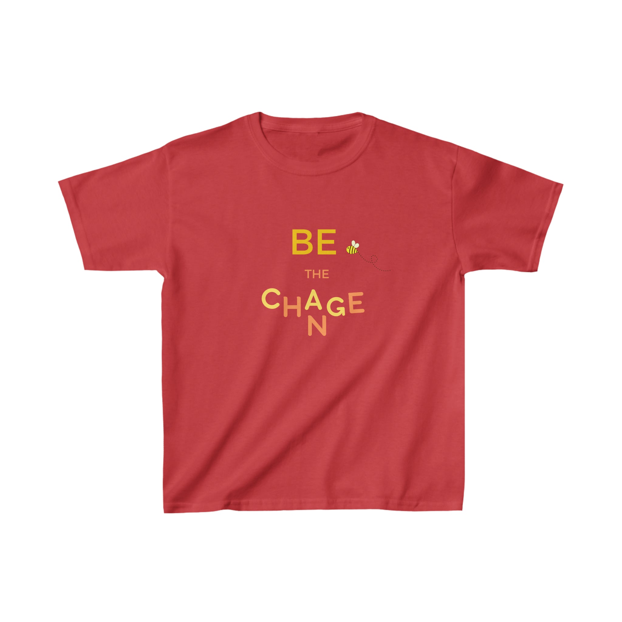 Youth unisex wearing red T-shirt with "Be The Change" motivational image on front.