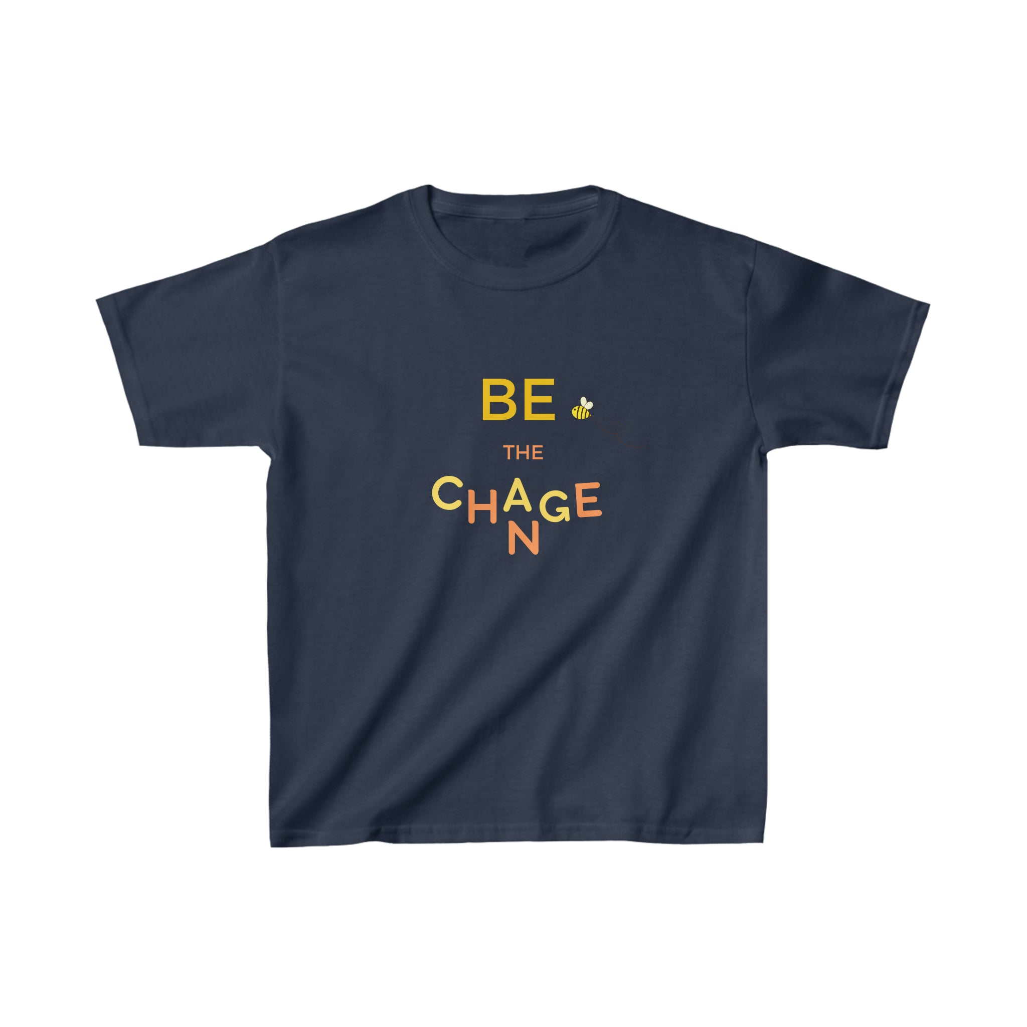 Youth unisex wearing navyl T-shirt with "Be The Change" motivational image on front.