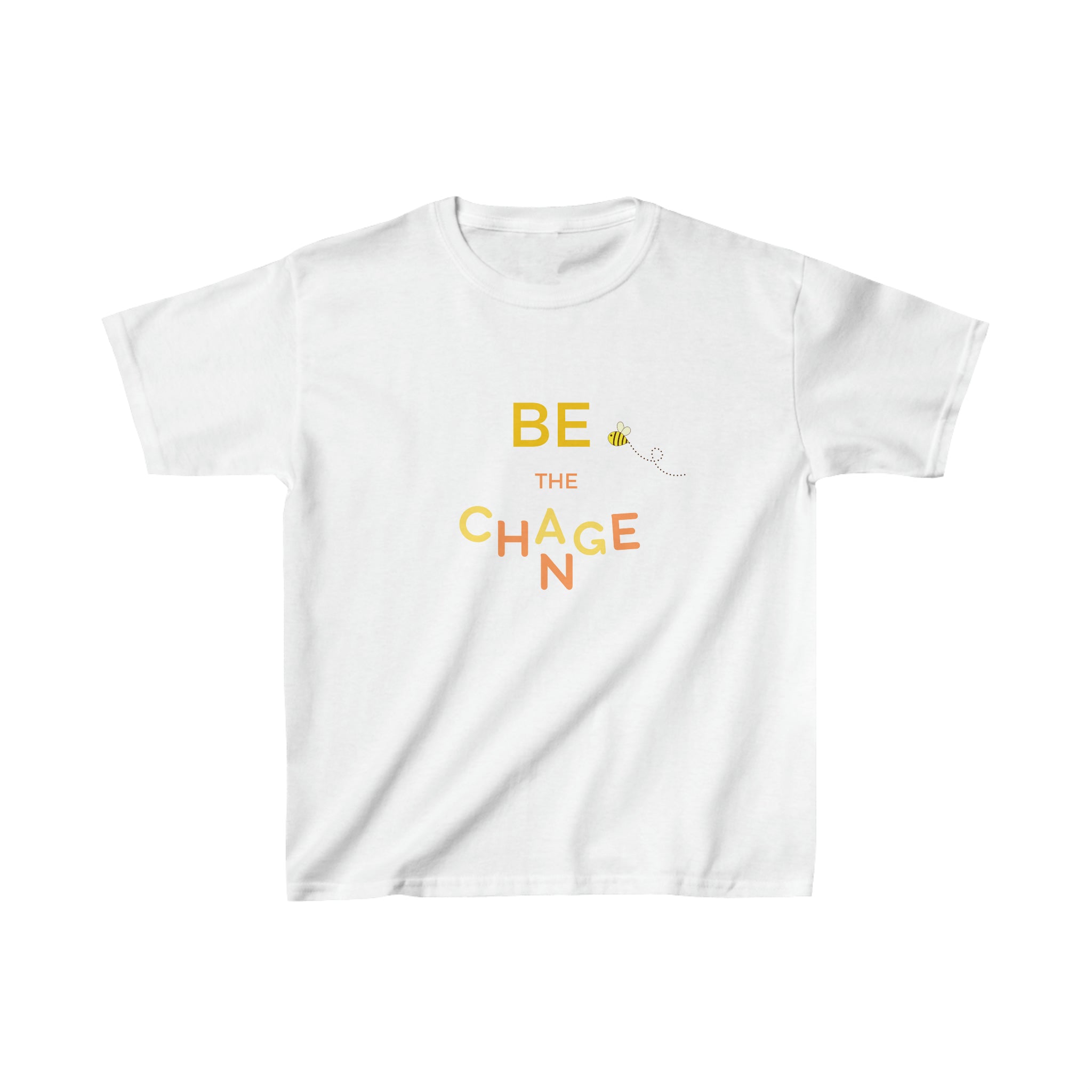 Youth unisex wearing white T-shirt with "Be The Change" motivational image on front.