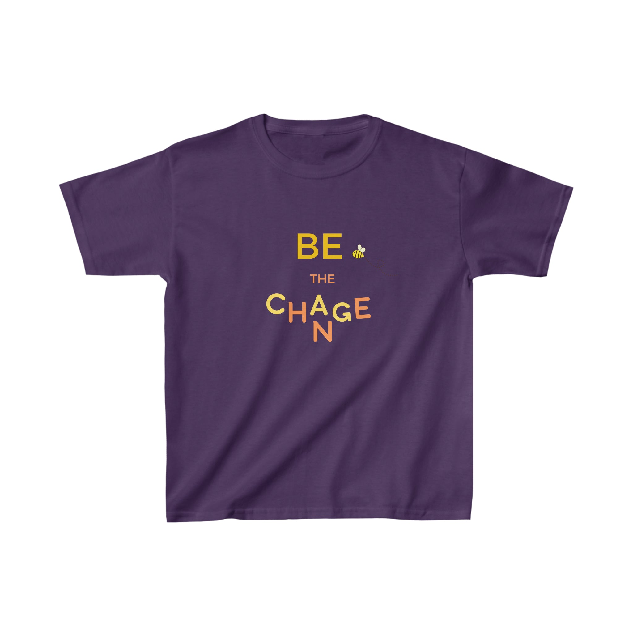 Youth unisex wearing purple T-shirt with "Be The Change" motivational image on front.