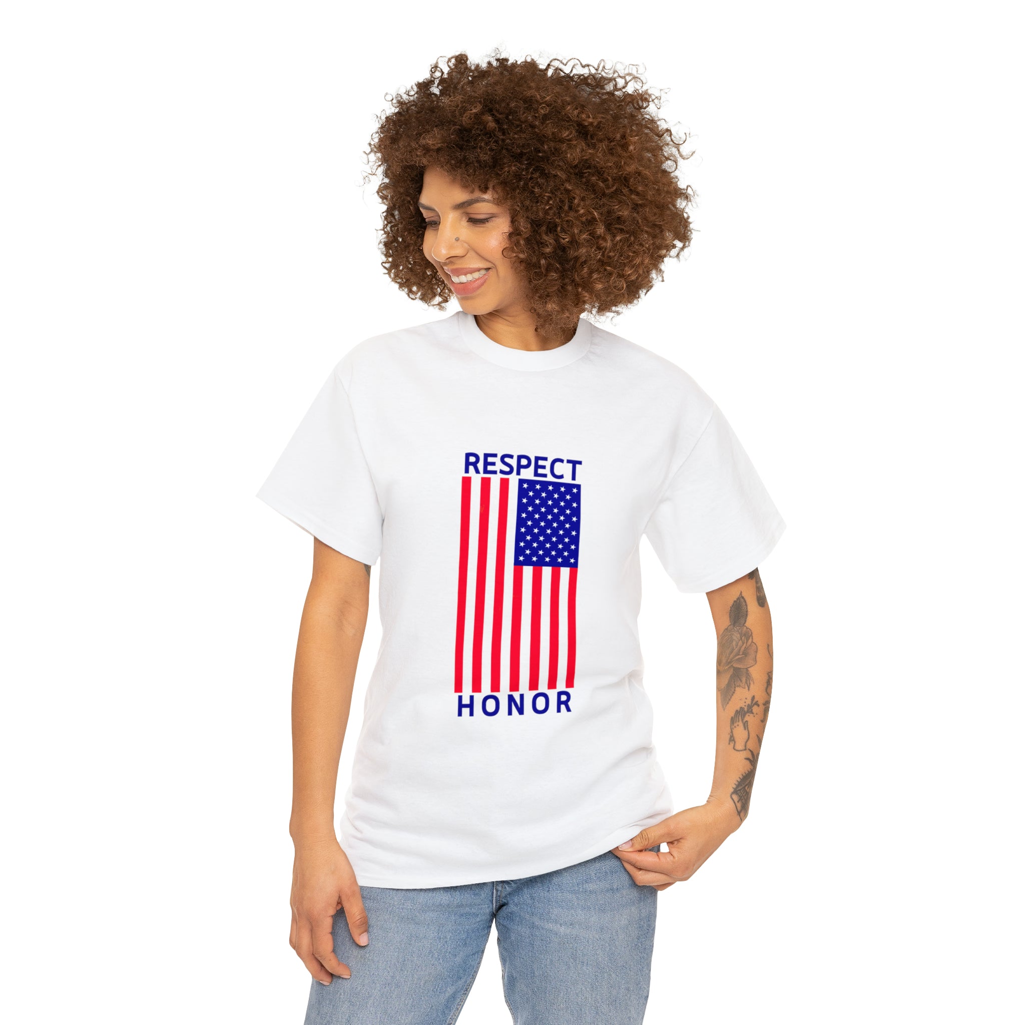 Adult female wearing white T-Shirt with "Respect Honor" Inspired Classic American Flag on front.