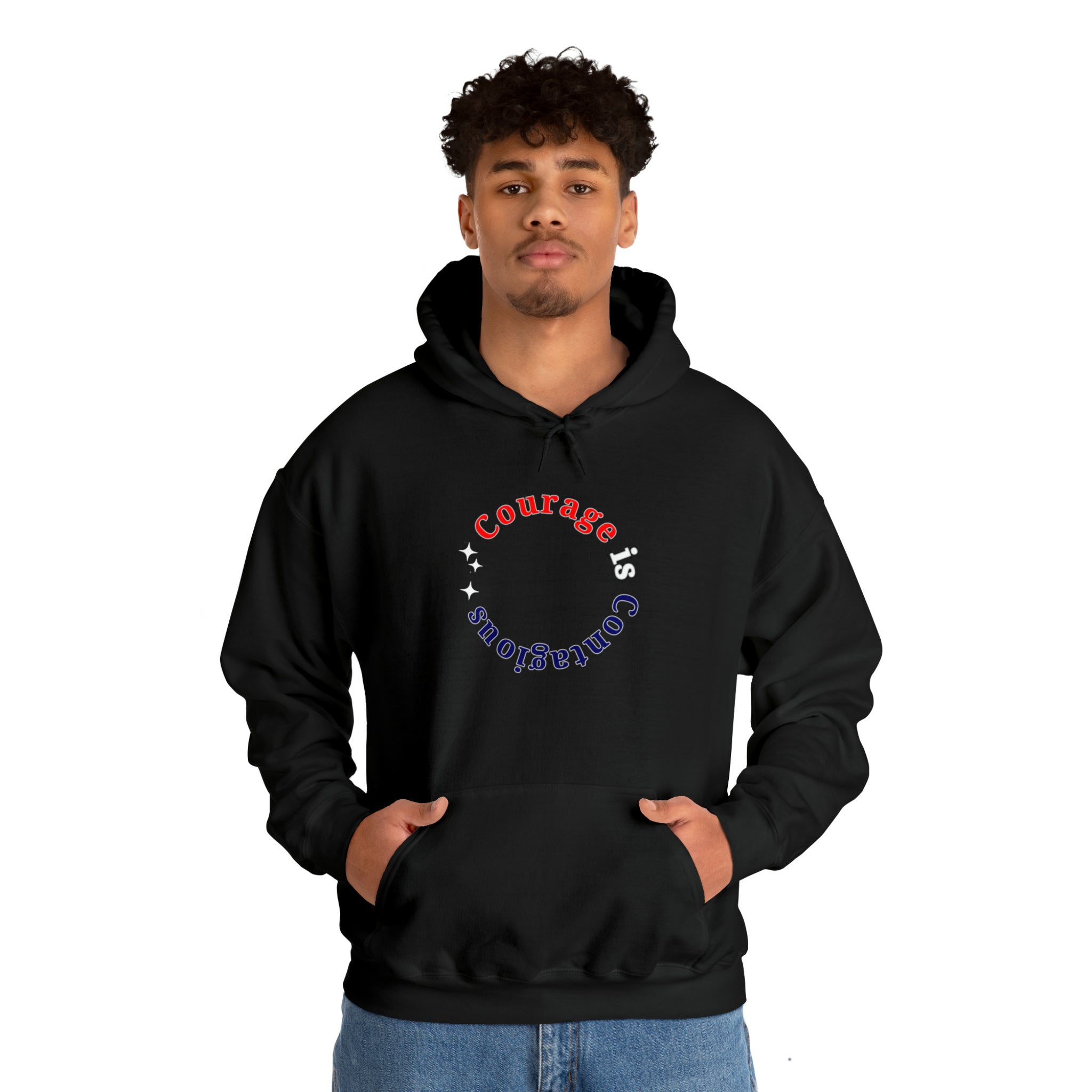 Adult man wearing black hoodie " Courage is Contagious" inspired message on front.