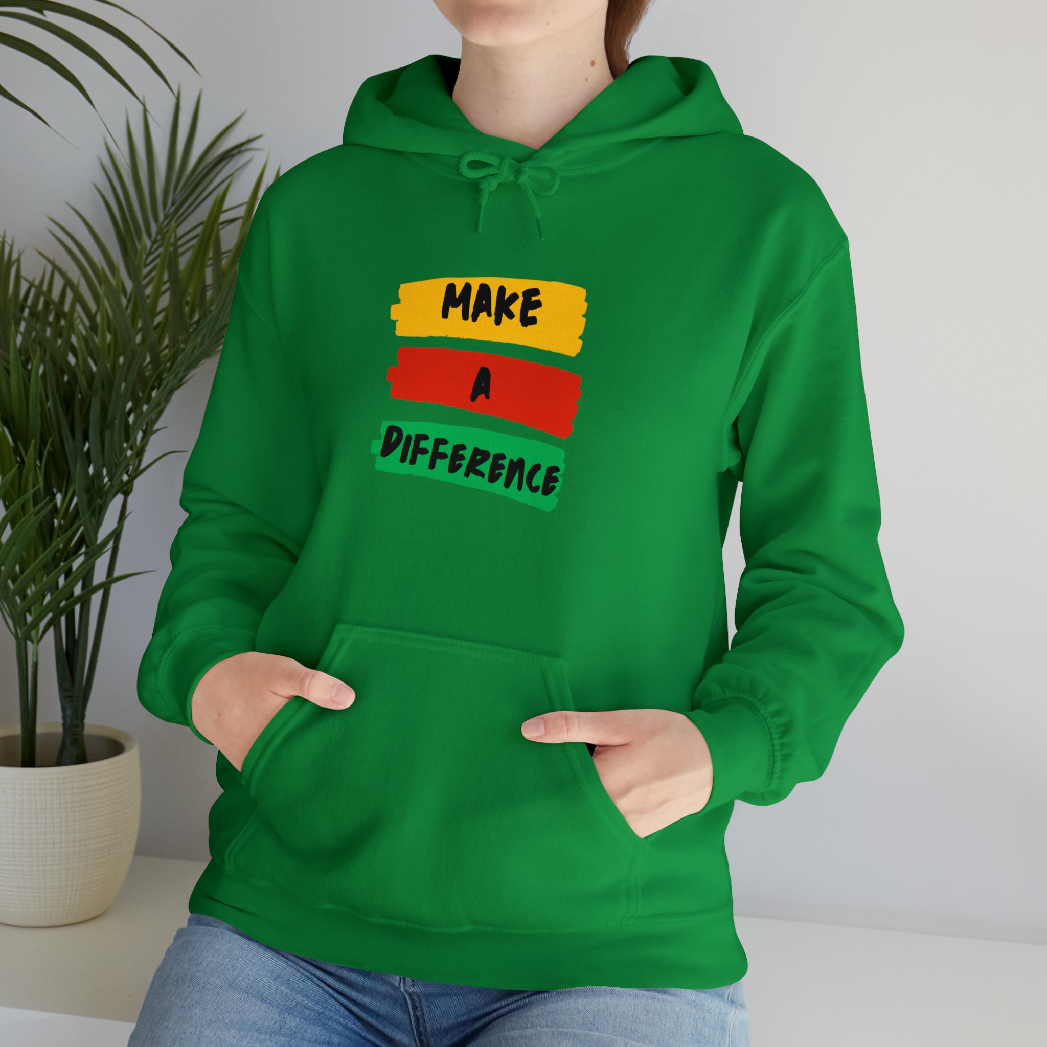 Adult female wearing irish green hoodie " Make A Difference" inspired images.