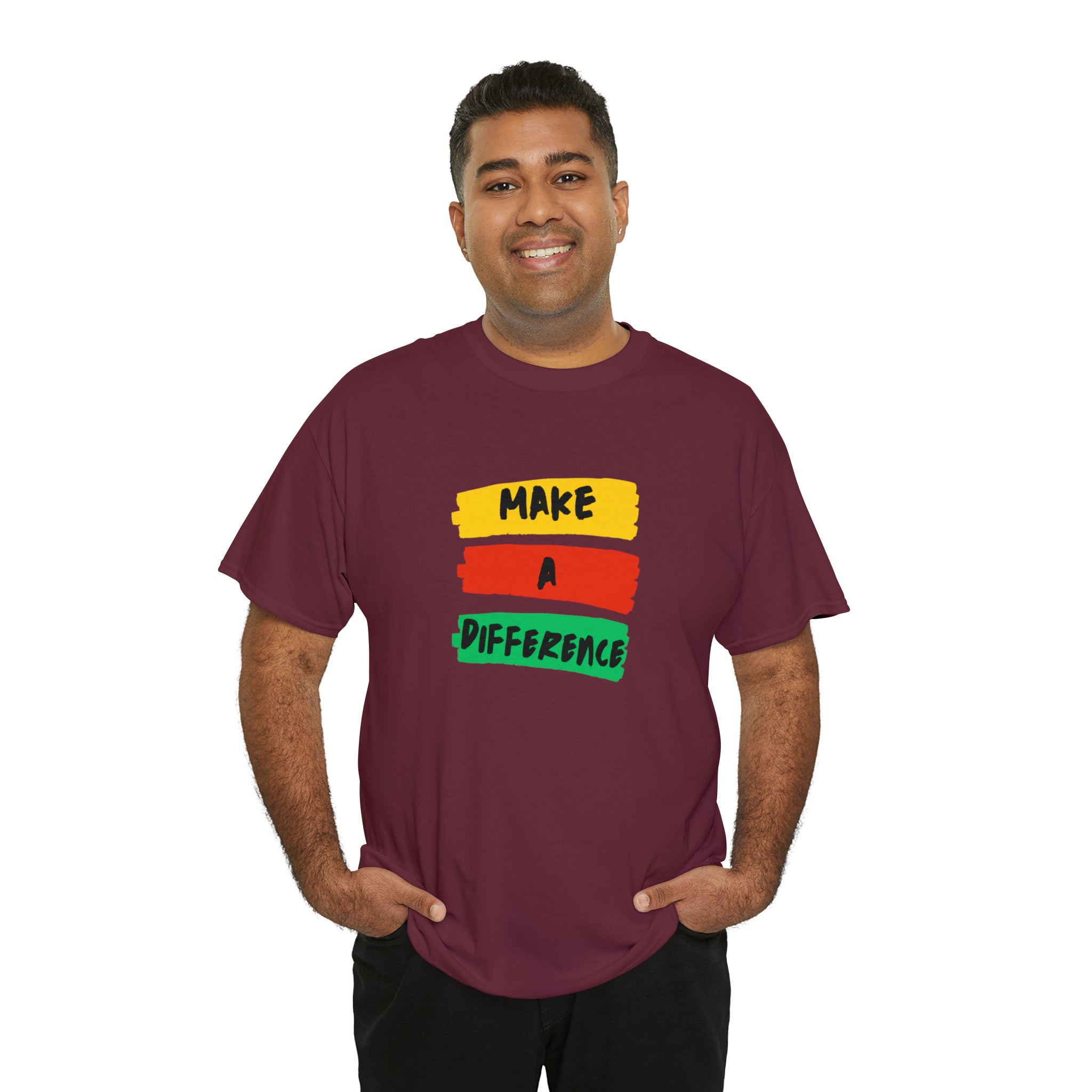 Adult male unisex maroon  T-Shirt with " Make A Difference" inspired images.