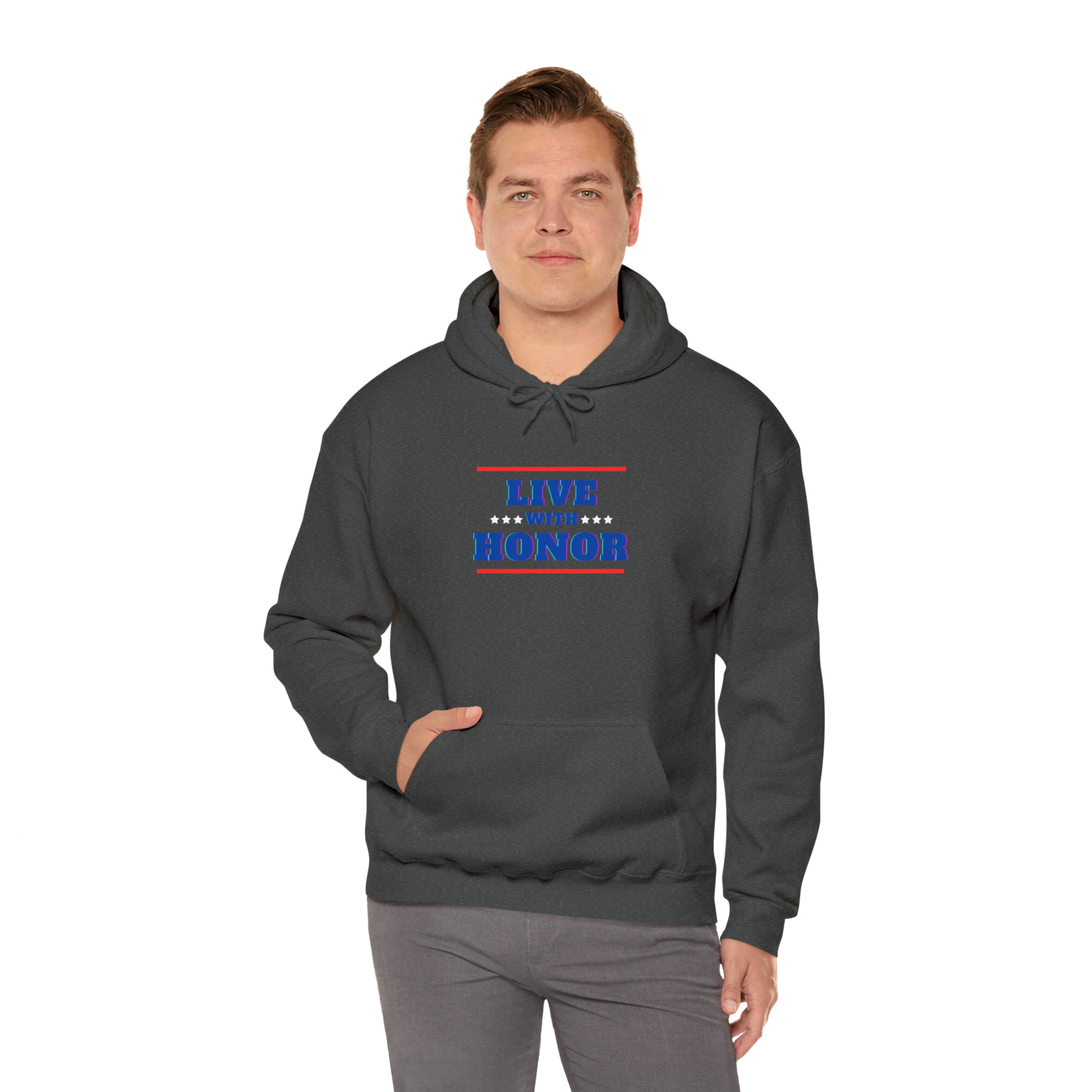 Adult male wearing dark heather hoodie " Live With Honor" inspired images